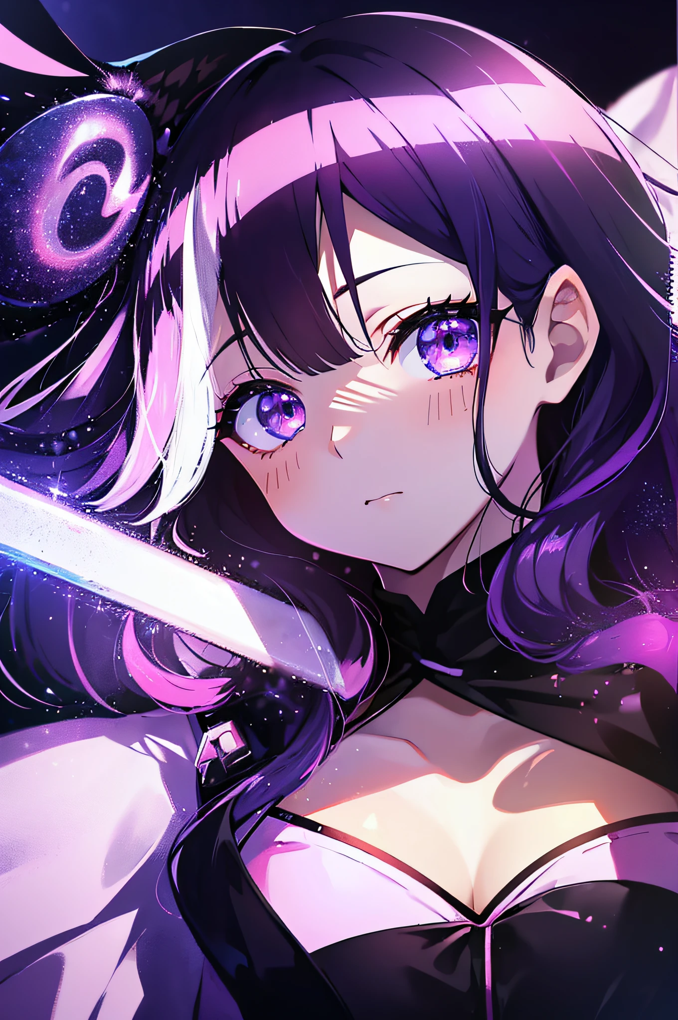 (masutepiece:1.3), (Best Quality:1.3), High resolution, Cooboy Long, on back, Sleeping, (One Cute Girl:1.3), Solo, White skin, tiny chest, eight-headed person, Purple hair, (bobhair:1.2), Mesh and black hair color mixed in、Long hair,Wide forehead、 (Blunt bangs:1.2), Beautiful hair, Eyes are purple, Beautiful detailed eyes, ultradetailed eyes、Wide forehead、Iridescent aura from the entire body、Sparkling eyes、Everyday scenery、Rainbow-colored aura around the eyes、iridescent eyes、Detailed eyes that will suck you in,blush, heart mark, Outdoors, fond violet, Shadow Lighting,