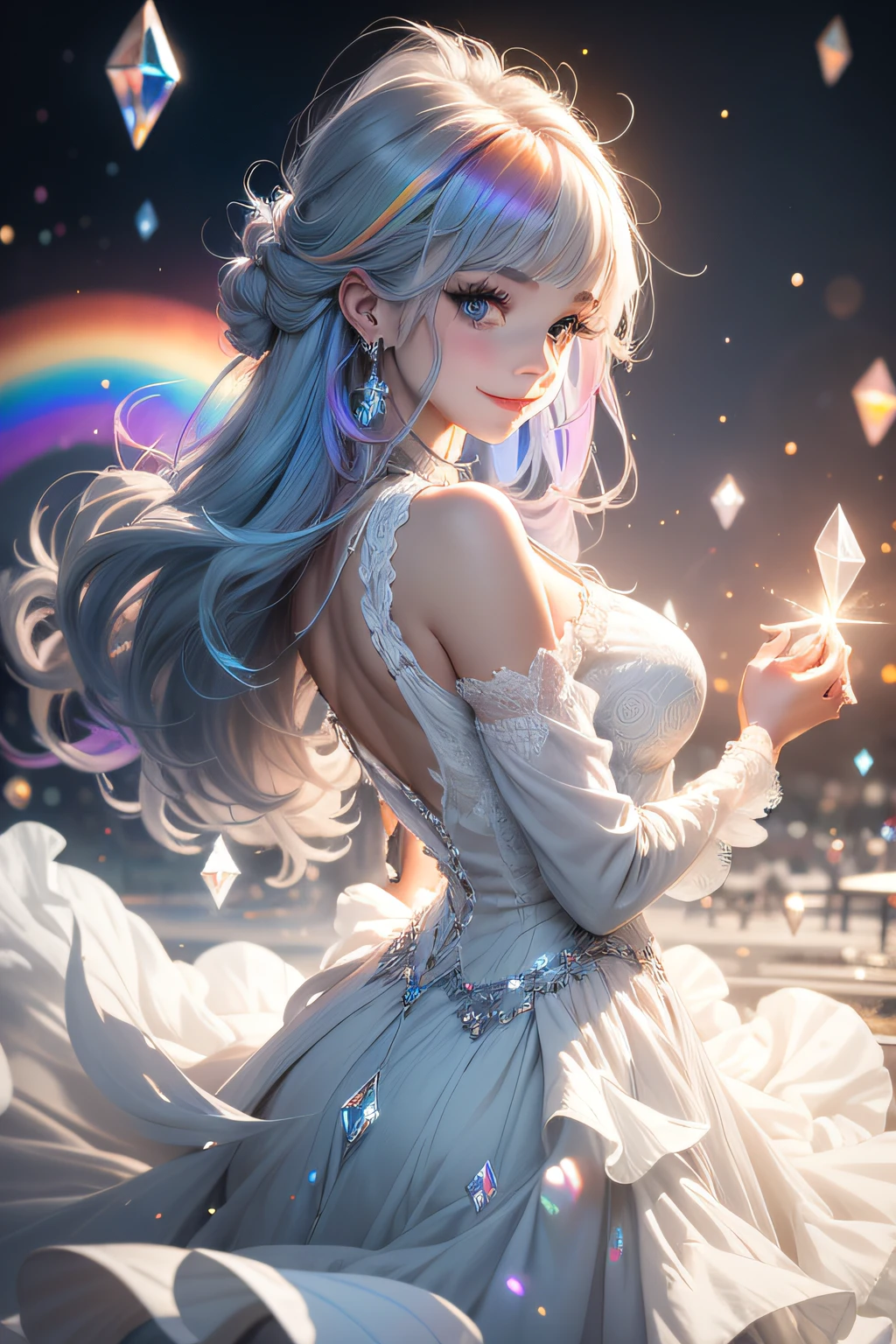 Girl, angle from the side, grey hair (rainbow hair tips), face up, hair fluttering back, smile, happiness, white dress, iridescent eyes, crystal clear beautiful woman, transparent god, universe