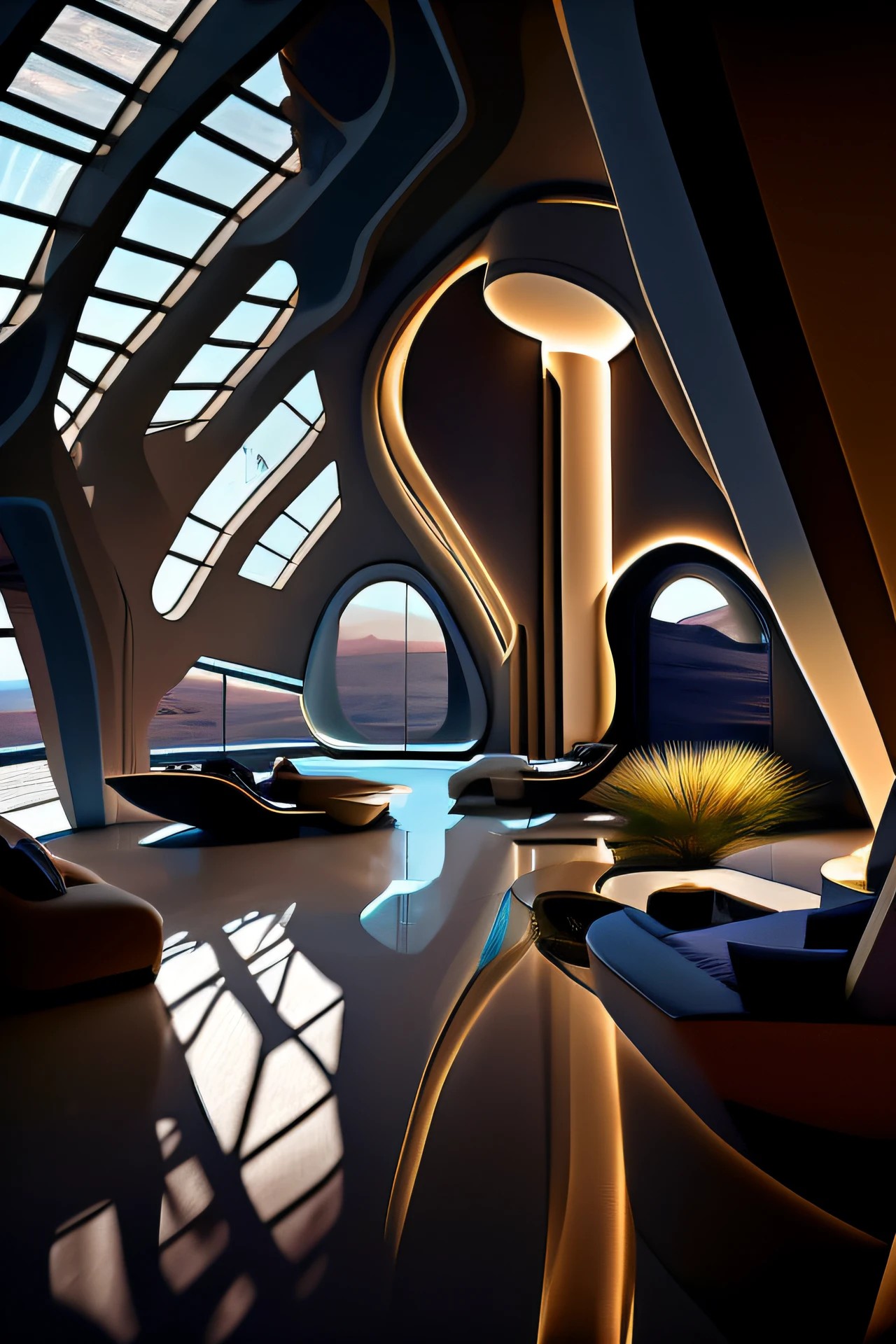 View of Alfide from a large room with many windows, in style of zaha hadid architect, zaha hadid style architecture, in style of zaha hadid, in a futuristic desert palace, Zaha Hadid architecture, portal. zaha hadid, inspired by Zaha Hadid, Alien architecture, author：zaha hadid, author：Chass is silent, architecture zaha hadid