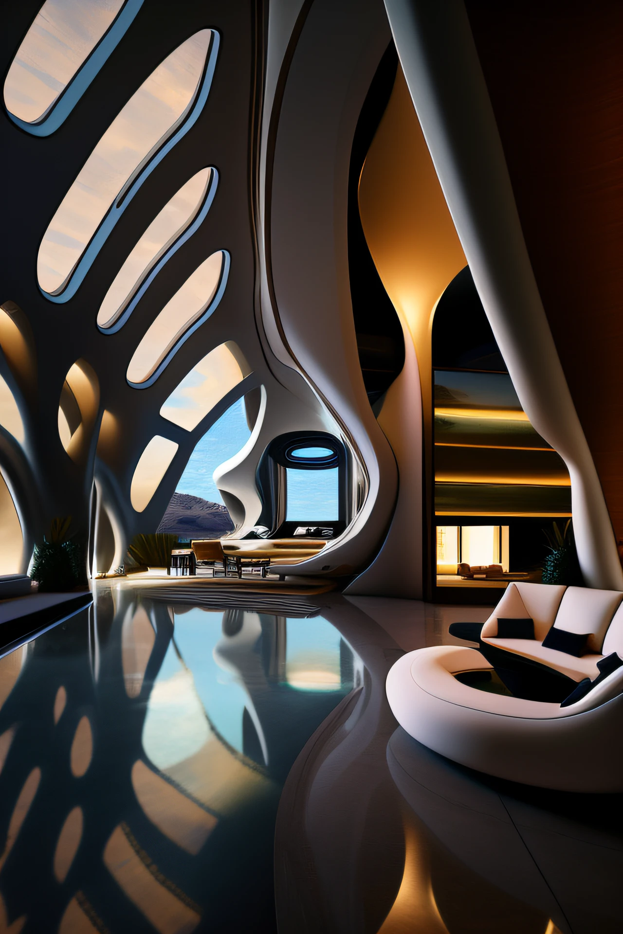 View of Alfide from a large room with many windows, in style of zaha hadid architect, zaha hadid style architecture, in style of zaha hadid, in a futuristic desert palace, Zaha Hadid architecture, portal. zaha hadid, inspired by Zaha Hadid, Alien architecture, author:zaha hadid, author:Chass is silent, architecture zaha hadid