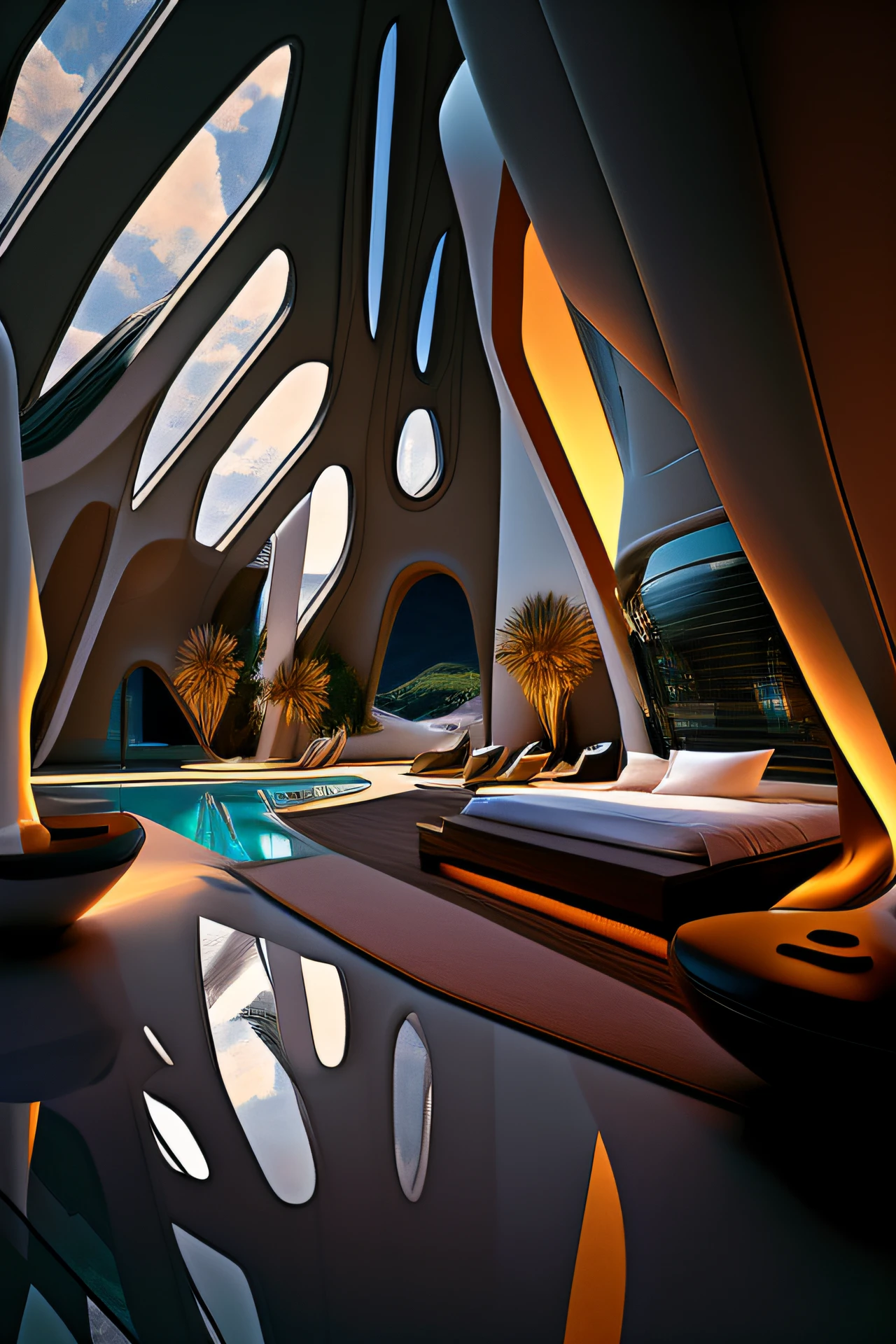 View of Alfide from a large room with many windows, in style of zaha hadid architect, zaha hadid style architecture, in style of zaha hadid, in a futuristic desert palace, Zaha Hadid architecture, portal. zaha hadid, inspired by Zaha Hadid, Alien architecture, author:zaha hadid, author:Chass is silent, architecture zaha hadid