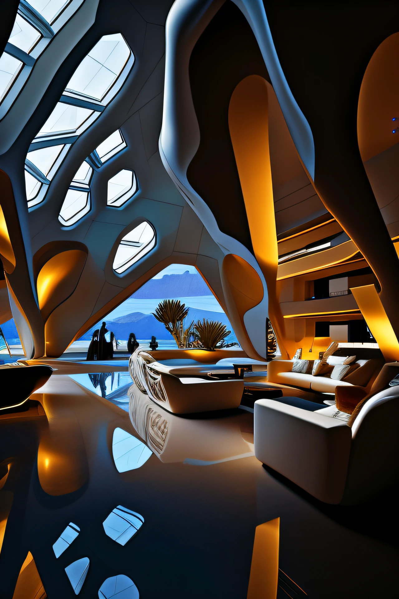 View of Alfide from a large room with many windows, in style of zaha hadid architect, zaha hadid style architecture, in style of zaha hadid, in a futuristic desert palace, Zaha Hadid architecture, portal. zaha hadid, inspired by Zaha Hadid, Alien architecture, author:zaha hadid, author:Chass is silent, architecture zaha hadid