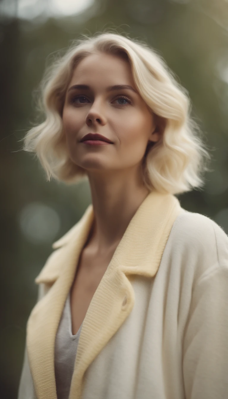 femele,Short blonde white and blond hair,tall nose bridge,White skin,180 height,Sing with microphone in hand,Wear a pale yellow cardigan,pajamas