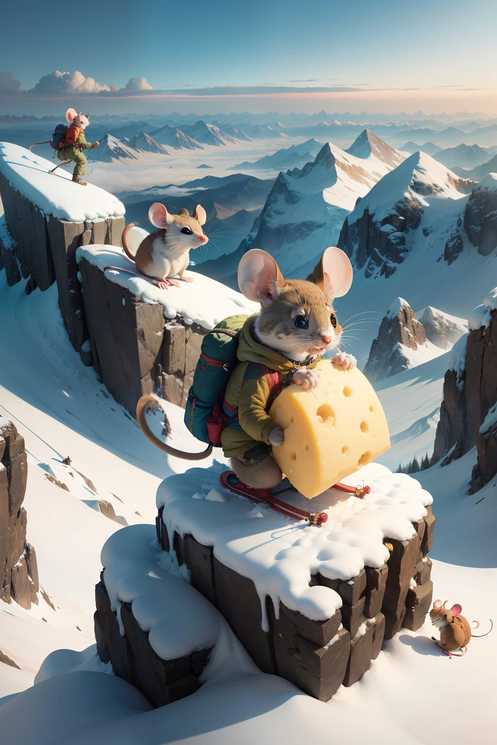 Design a funny scene where a mouse embarks on a daring mountain-climbing expedition, complete with mouse-sized mountaineering gear and an oversized piece of cheese at the peak.