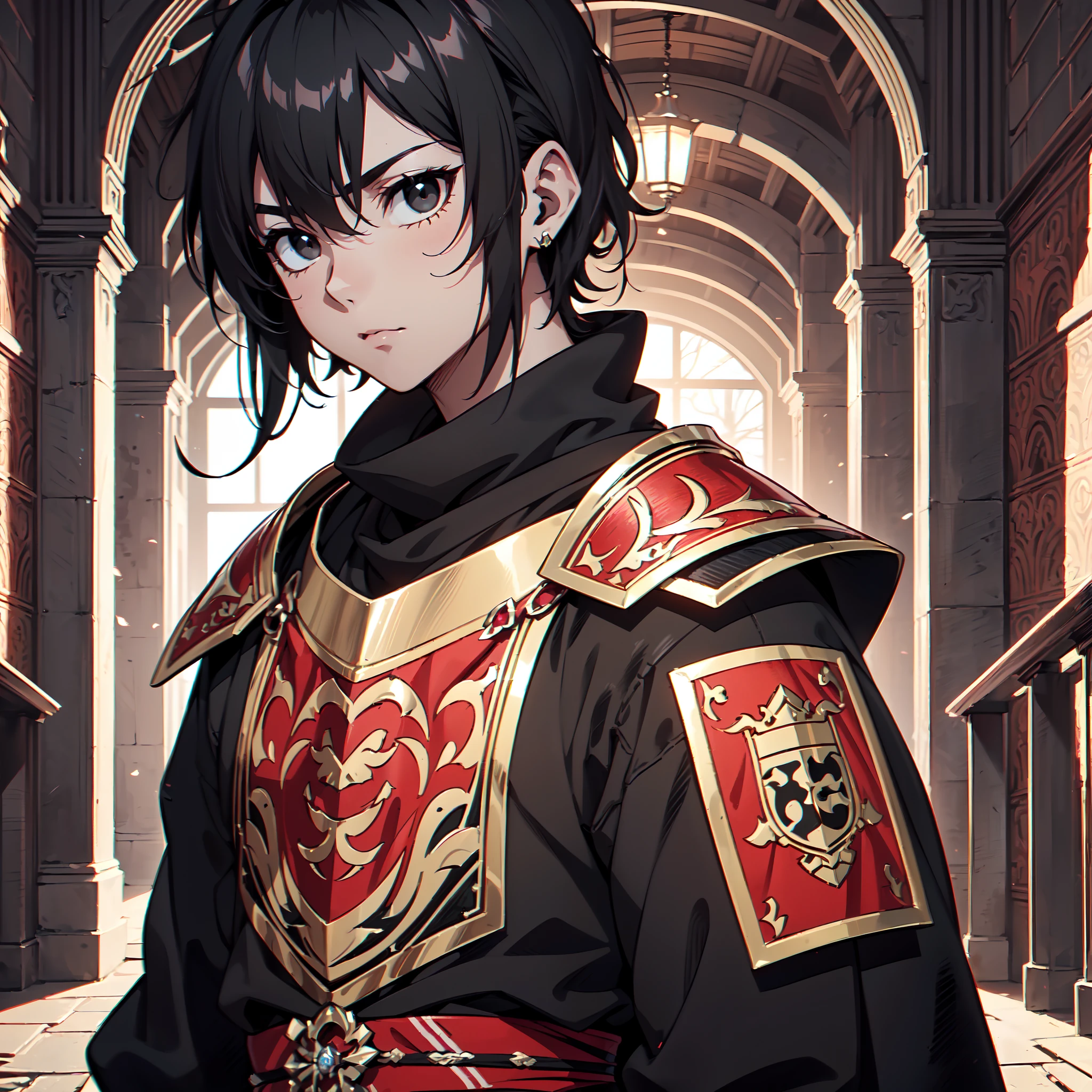 (masterpiece, best quality:1.2), hui xiyi,1boy, black hair, face, facial mark, forehead, bangs, looking at viewer, short hair, solo, tattoo, upper body, yellow eyes, rekkyo sensen, chinese clothes, black clothes, red jacket, silver choker, navel, pants, black pants, background((shanghai, sky, blue sky, colosseum, stage, flower, castle))