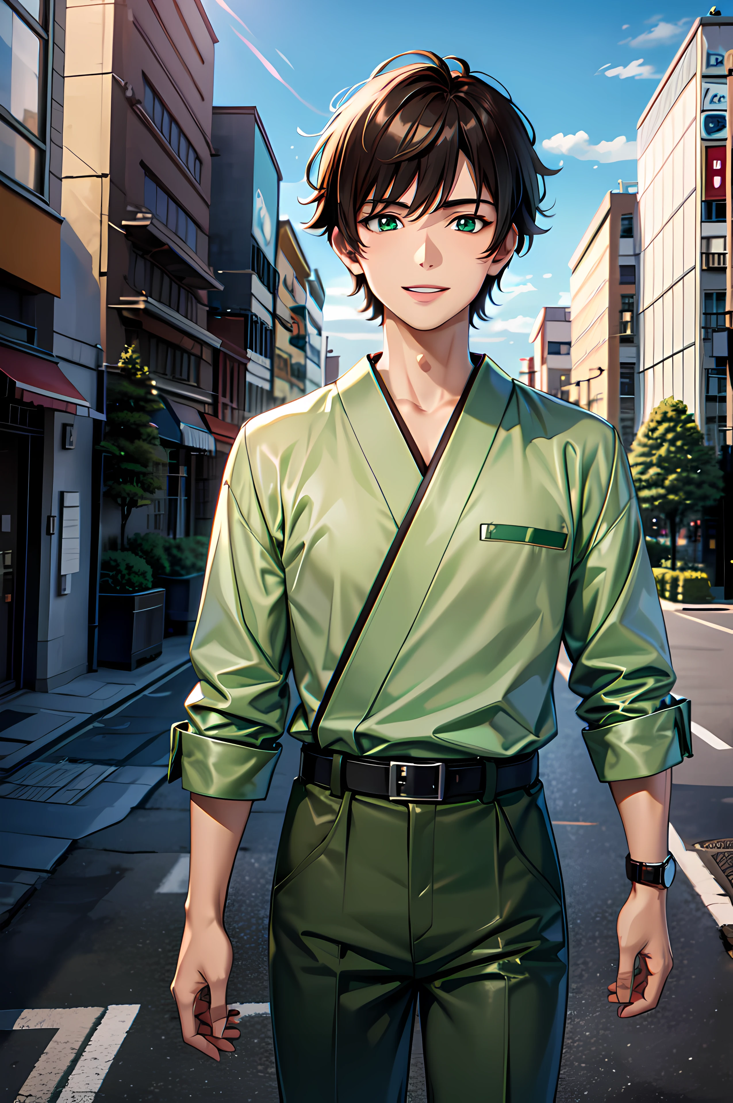Best quality, masterpiece, high resolution, 8k, ultrasharp, 1boy, boy, looking at viewer, standing straight, cute face, lips and nose, smiling, beautiful light green eyes, brown hair, japanese haircut wearing green long sleeves, black pants, karate green belt, a watch, standing in a urban city, high resolution, best quality, 4k, 8k, ultrasharp, high quality