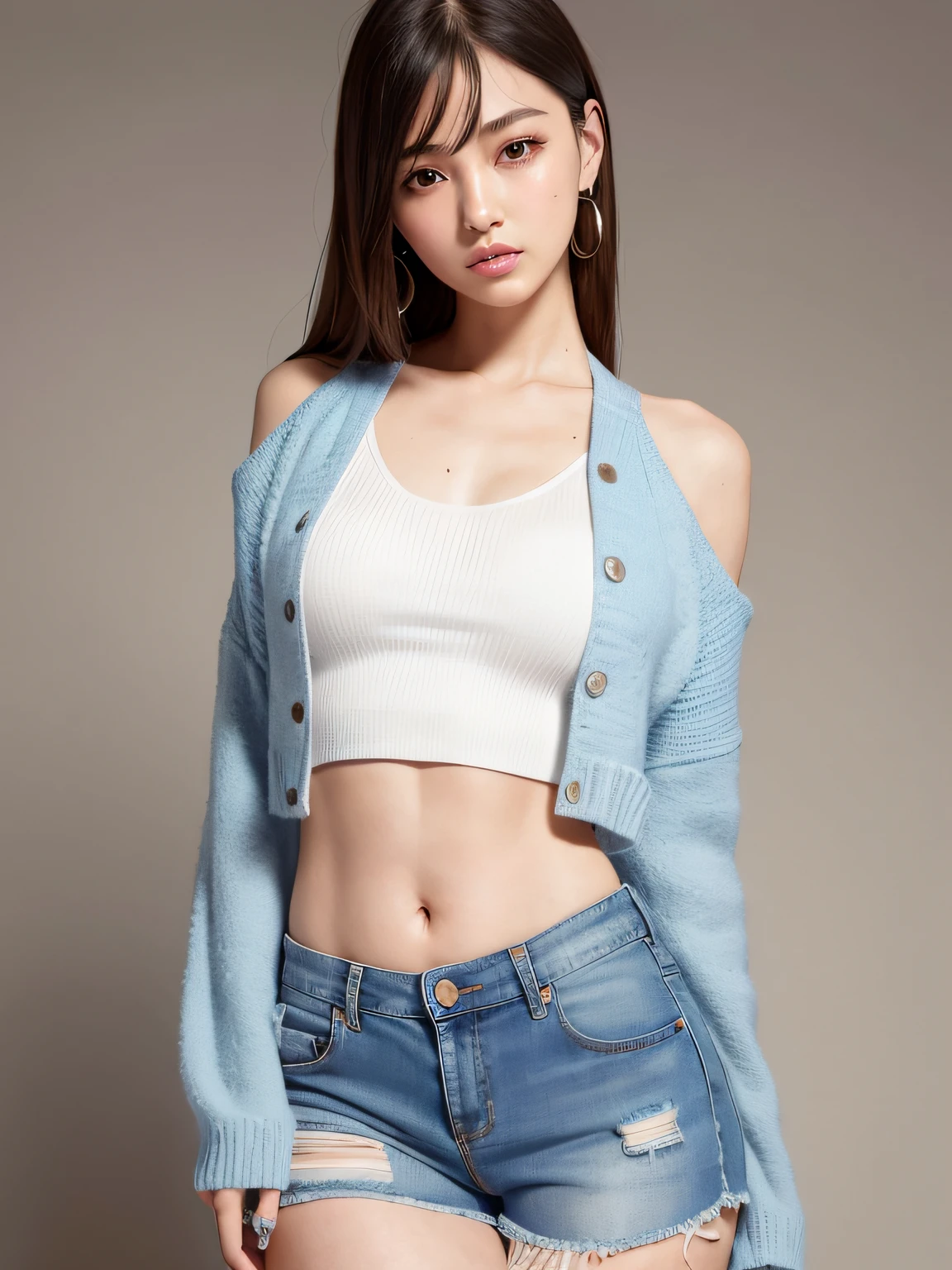 Navel in the middle of winter、She wears a long-sleeved crop-top sweater with ultra-short sleeves、I'm wearing ultra-low-rise denim shorts、Denim shorts are very small、below the navel is quite exposed,The belly area is quite exposed、great belly、Her incredibly delicate and beautiful features are、Shine with perfect lighting with realistic shadows. High-resolution images are、Highlights highly detailed skin, Sexy long legs, And the best quality、 (extra detailed body、extra detailed face、best qualtiy:1.2)