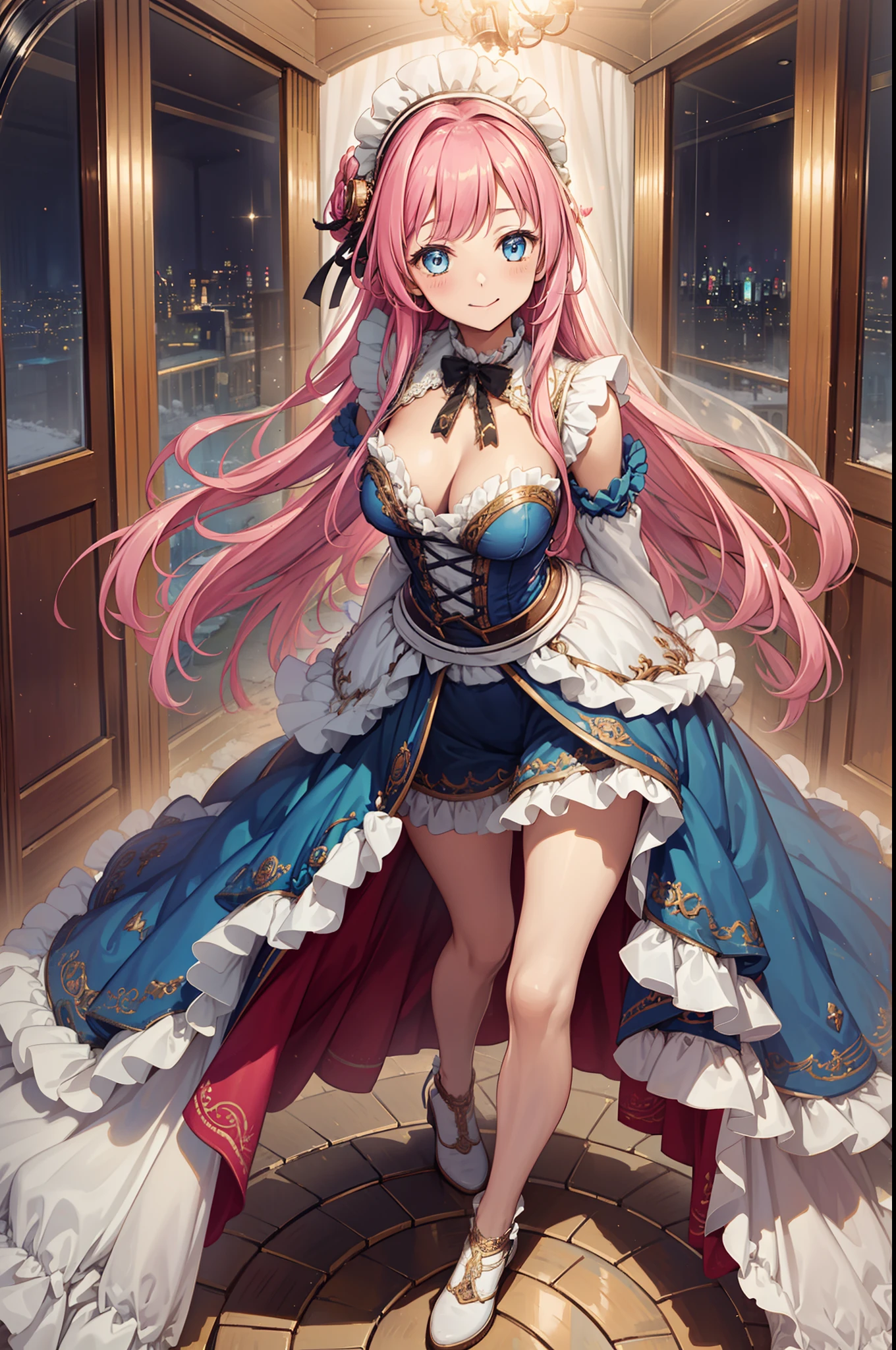 s girl,Enchanted,Divine happiness,Being in love,(Light Victorian dress:1.2),Pink hair,eBlue eyes,Fabric headdress,Multiple layers of delicate ruffles,Lots of lace,gently smiling,the night,solo person,Fluttering skirt,Maid characteristics