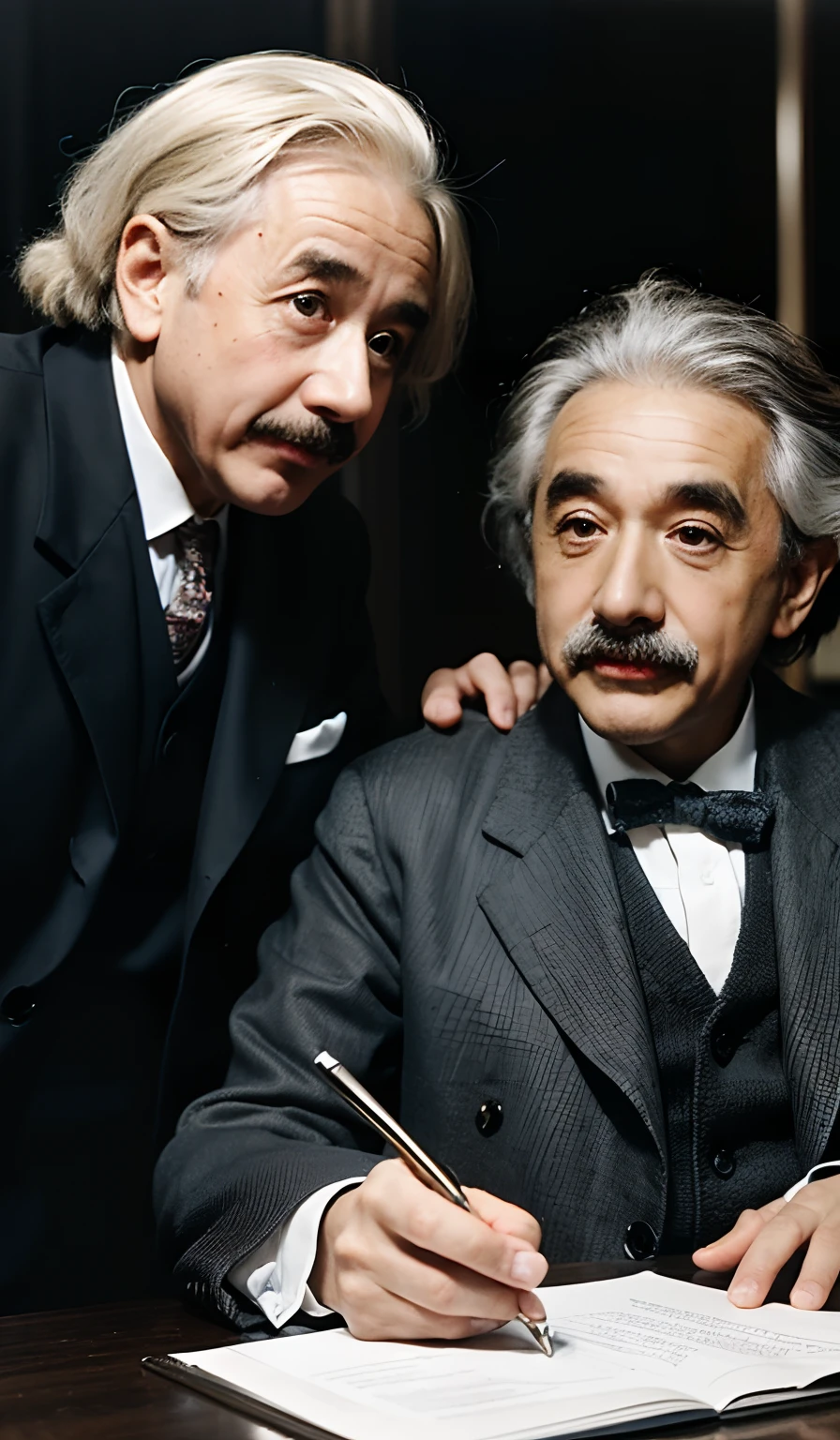 Task: Albert Einstein was writing at the table with a young man watching what he was doing
Topic: Writing albert Einstein
Style: Casual
Tone: Assertive
Audience: 70-year old
Word Count: 200 words
Format: Text