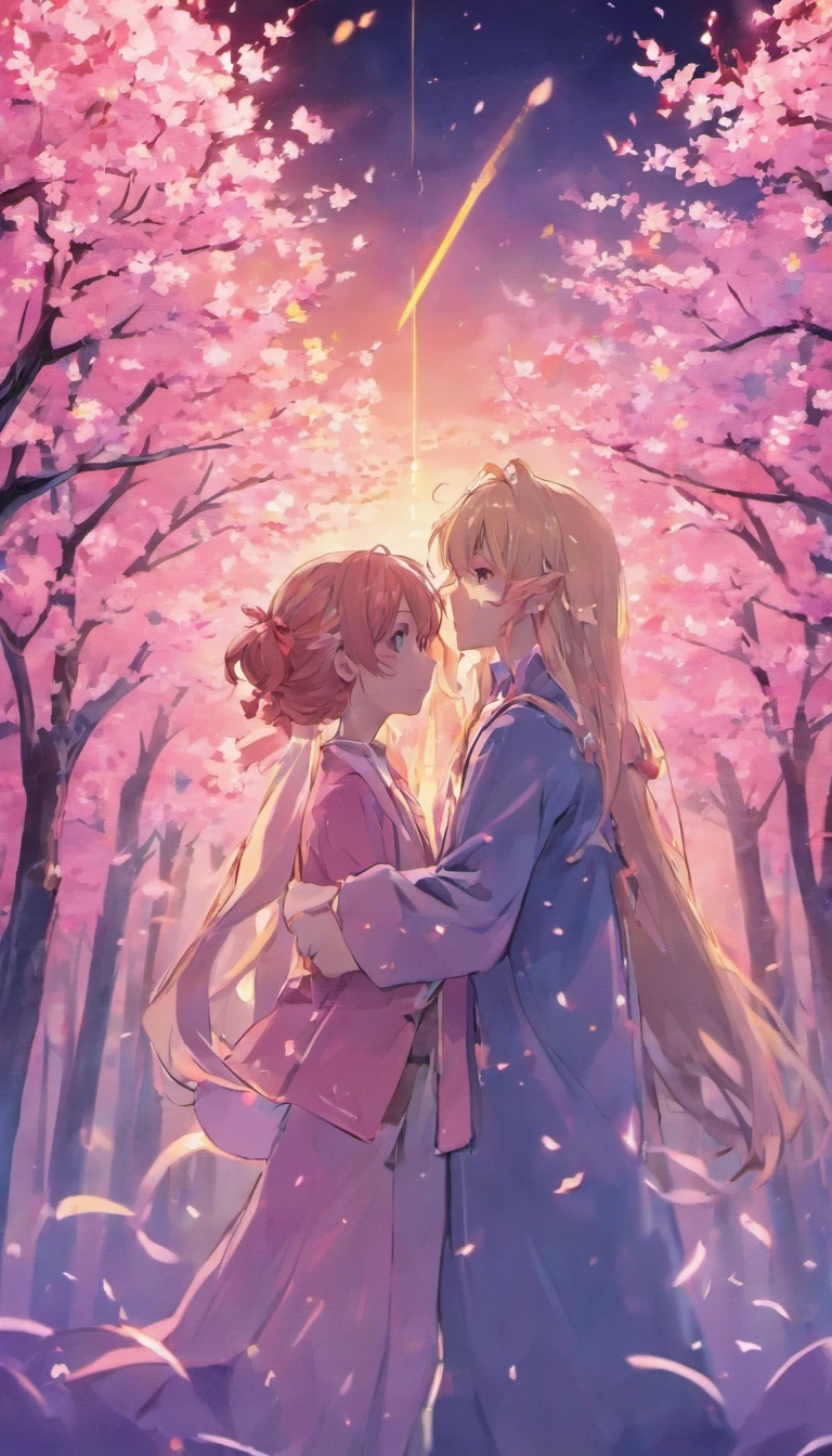 Couples hug,a parte superior do corpo,Um com,uma meninas cerejeiras em flor,Cherry blossoms fluttering,low saturation,pale-blue( Reasonable design, linhas claras, alta nitidez,best quality, Very detailed, master part, Efeito de luz do filme, 4k )