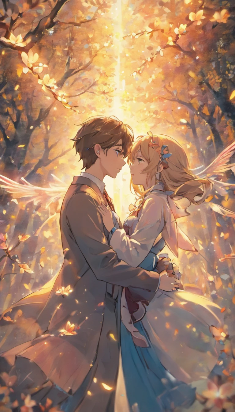 Couples hug,a parte superior do corpo,Um menino com,uma menina,Sob as cerejeiras em flor,Cherry blossoms fluttering,low saturation,pale-blue( Reasonable design, linhas claras, alta nitidez,best quality, Very detailed, master part, Efeito de luz do filme, 4k )