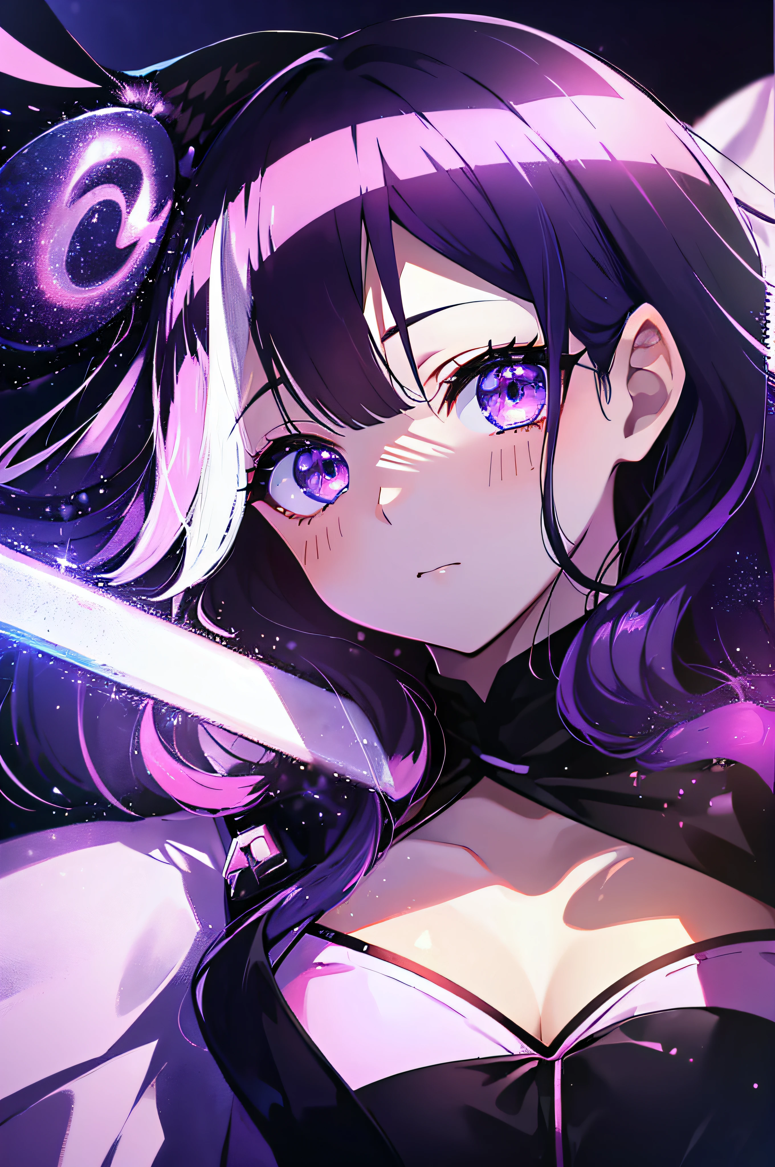 (masutepiece:1.3), (Best Quality:1.3), High resolution, Cooboy Long, on back, Sleeping, (One Cute Girl:1.3), Solo, White skin, tiny chest, eight-headed person, Purple hair, (bobhair:1.2), Mesh and black hair color mixed in、Long hair,Wide forehead、 (Blunt bangs:1.2), Beautiful hair, Eyes are purple, Beautiful detailed eyes, ultradetailed eyes、Wide forehead、Iridescent aura from the entire body、Sparkling eyes、Everyday scenery、Rainbow-colored aura around the eyes、iridescent eyes、Detailed eyes that will suck you in,blush, heart mark, Outdoors, fond violet, Shadow Lighting,