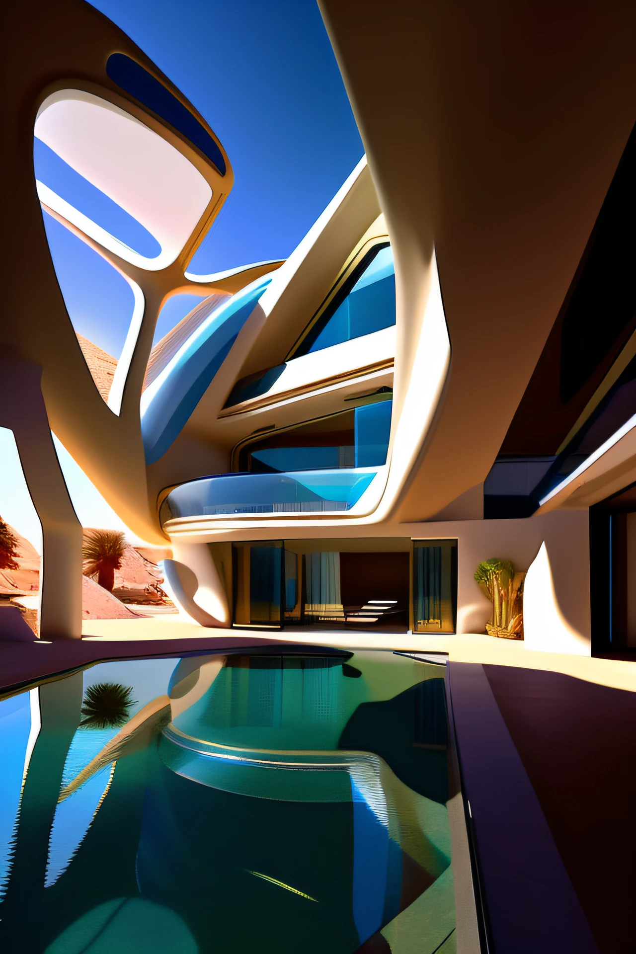 Alfide can be seen from the large room with many windows, in style of zaha hadid architect, zaha hadid style architecture, in style of zaha hadid, in a futuristic desert palace, Zaha Hadid architecture, portal. zaha hadid, inspired by Zaha Hadid, Alien architecture, author:zaha hadid, author:Chass is silent, architecture zaha hadid