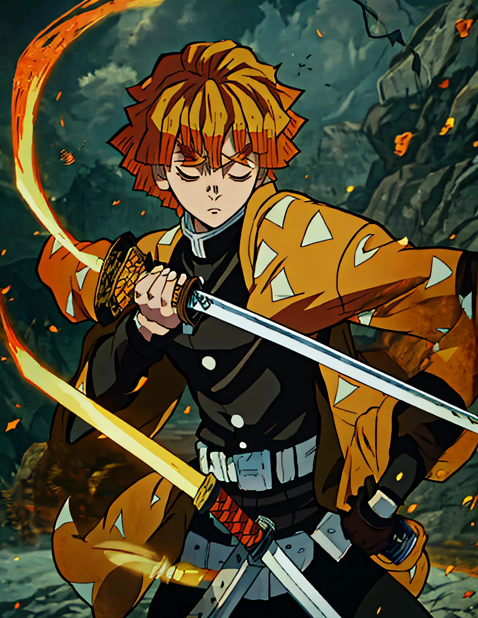 anime character with a yellow jacket and black pants holding a katana, demon slayer, key anime art, blazing infero, official art, handsome guy in demon slayer art, orange hair anime boy, high quality, Zenitsu Agatsuma, a character from the world of Demon Slayer, close eyes