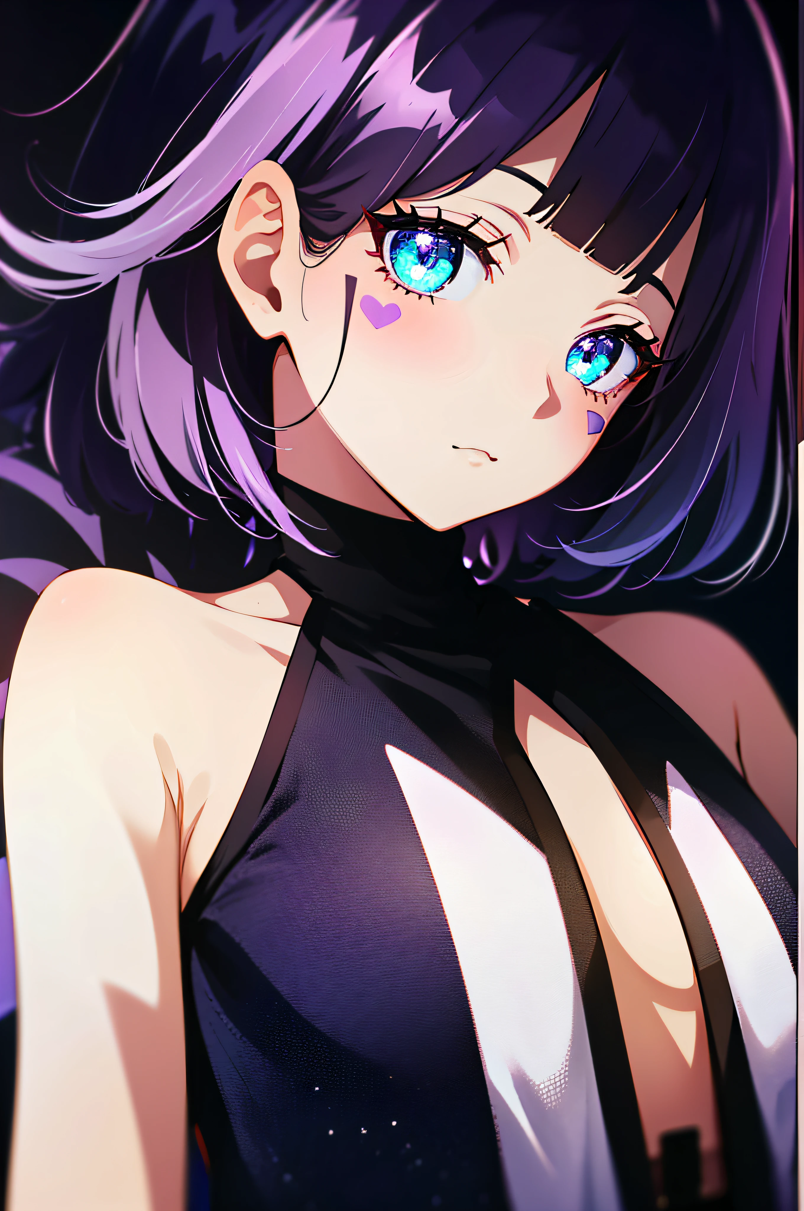 (masutepiece:1.3), (Best Quality:1.3), High resolution, Couboy Shot, on back, Sleeping, (One Cute Girl:1.3), Solo, White skin, tiny chest, eight-headed person, Purple hair, (bobhair:1.2), Mesh and black hair color mixed in、Short hair, (Blunt bangs:1.2), Beautiful hair, Eyes are purple, Beautiful detailed eyes, ultradetailed eyes、Sparkling eyes、Rainbow-colored aura around the eyes、iridescent eyes、Detailed eyes that will suck you in,blush, heart mark, Outdoors, fond violet, bed, Shadow Lighting,