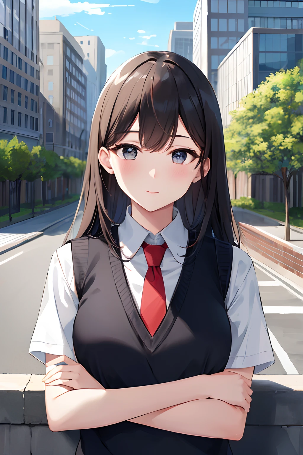 masterpiece, high quality, 8k, beautiful lighting, 1girl, solo, akane, white shirt, sweater vest, black vest, blue necktie, outdoors, upper body,  portrait, bush, looking at viewer, buildings, city
