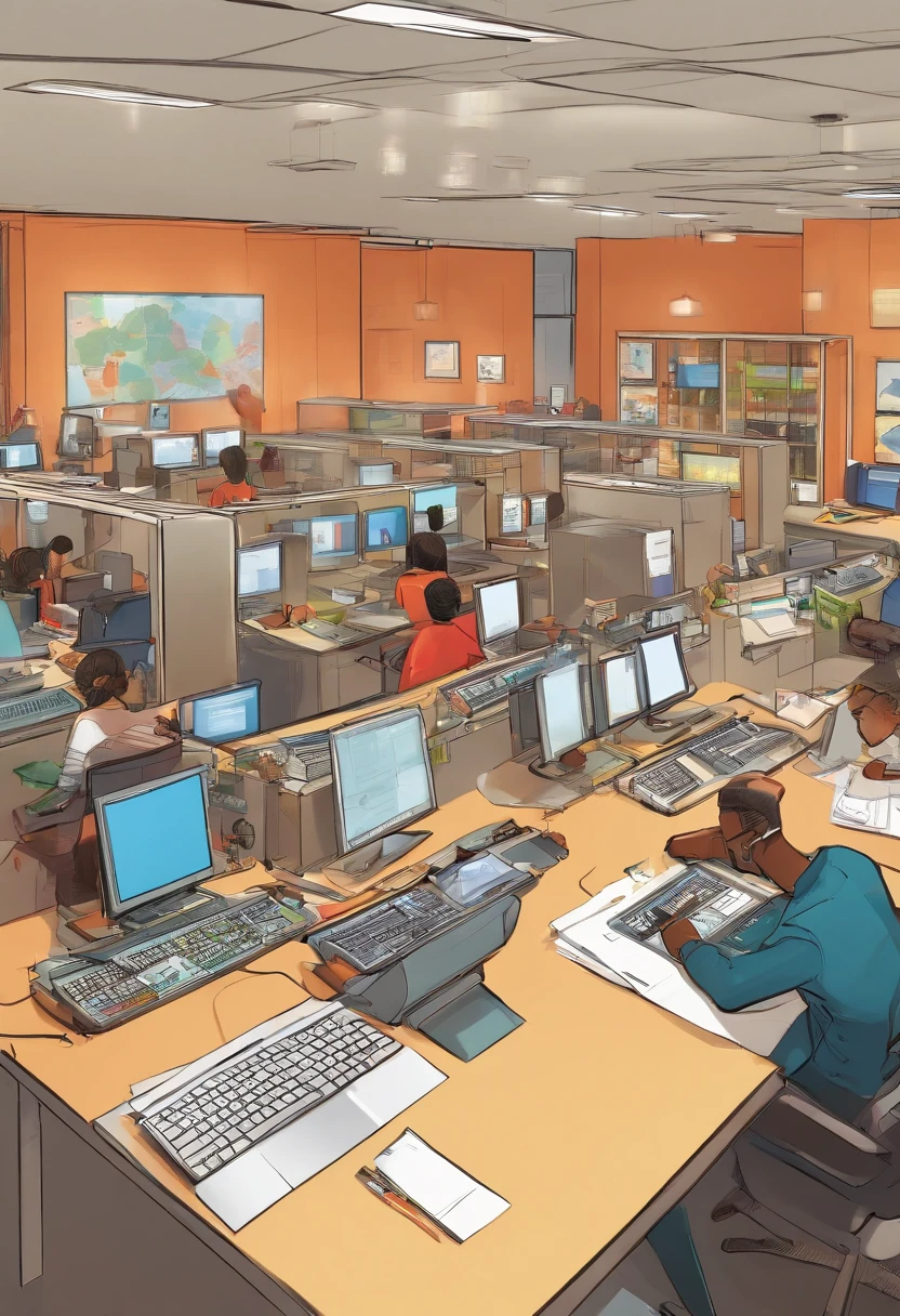 A crowded office scene with multiple individuals working on computers, (best quality,4k,8k,highres,masterpiece:1.2) ultra-detailed, (realistic,photorealistic,photo-realistic:1.37) illumination, professional, vivid colors, sharp focus, studio lighting, bokeh, busy atmosphere, modern interior, teamwork, productivity, concentration, collaboration, efficient workflow, variety of occupations, people wearing business attire, diverse demographics, natural lighting, ergonomic workstations, artful arrangement of furniture, computer screens displaying work-related content, organized desk spaces, neat and tidy environment, energizing atmosphere, engaging conversations, open floor plan, creative energy, positive interactions, modern technology, high-speed internet, state-of-the-art equipment, deadlines, project management, seamless communication, supportive atmosphere, excellence in work, successful outcomes.