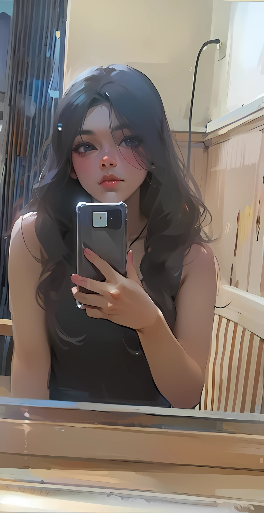 there is a woman sitting on a floor taking a picture of herself, the anime girl is crouching, sitting in her room, Legs spread, ulzzangs, she is happy, satisfied pose, juicy legs, she is posing,Hands touching private parts,Take a selfie with your phone,cellular phone,self-shot,