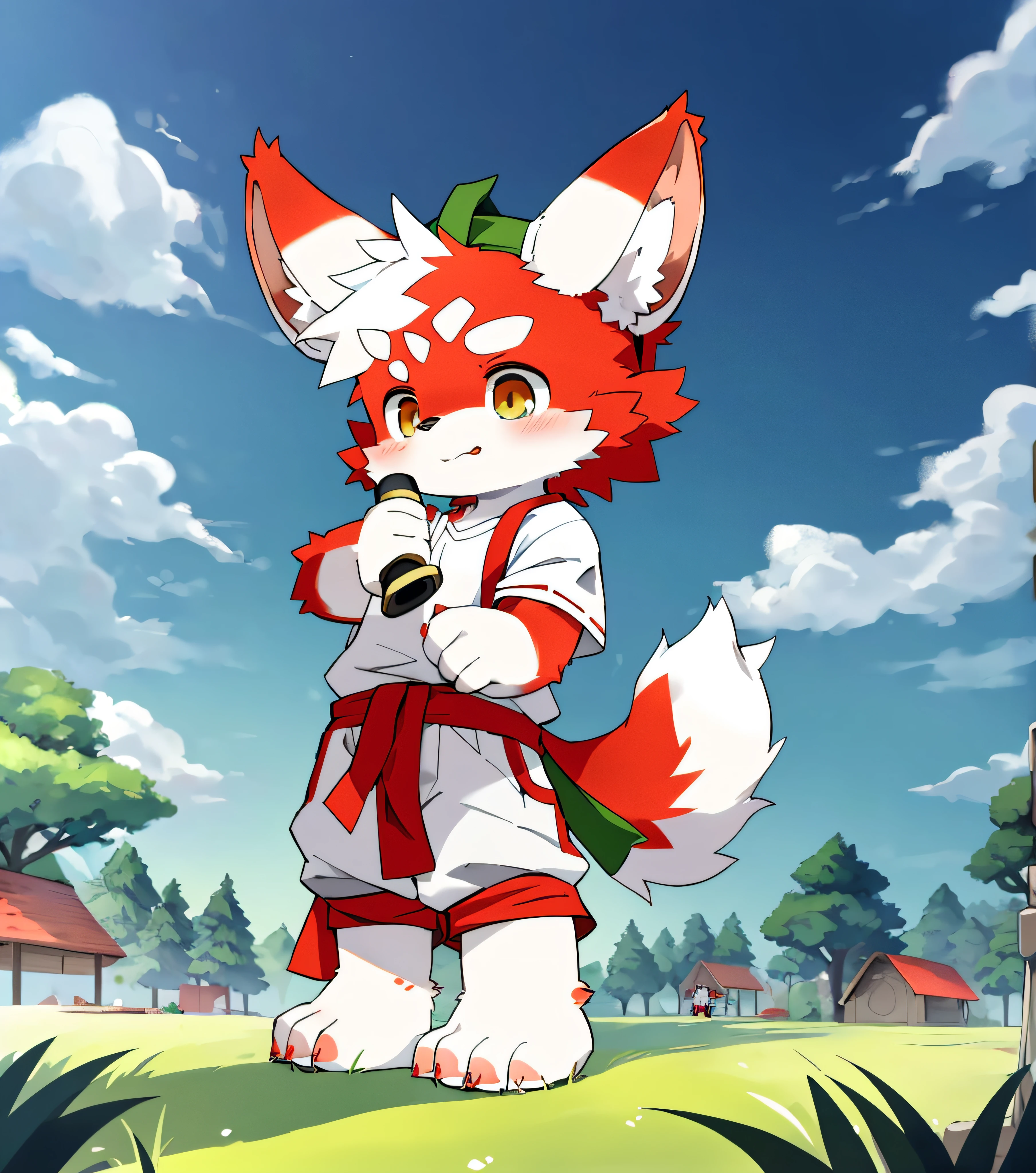 Red fur,Red fur,Red skin,Beast too,Orc little boy,grassy fields,lawns,standing on your feet,Attention,blue-sky,shaggy,shaggy,Red fur,Red fur,Red fur,Red fur,male people,canid,adolable,adolable,adolable,solo person,White fur,Golden eyes,Thick eyebrows,Fluffy tail,white short sleeve,short white pants,ultra - detailed:1.0,Libido boy,toddlers,toddlers,toddlers,Children,children's,Gamine,Beast too,Beast too,Beast too,adolable,adolable,younge boy(Via Dagasi:1.1),anatomy correct,Barefoot clawed,Barefoot paws,standing on your feet,Attention,bald-headed,bald-headed,balding,balding,Red paws,Stand on the lawn,standing in grassy field,Stand on the lawn,red waistband,Red headband,Blood,A child with a katana in his hand,A child with a serious expression,Red fur