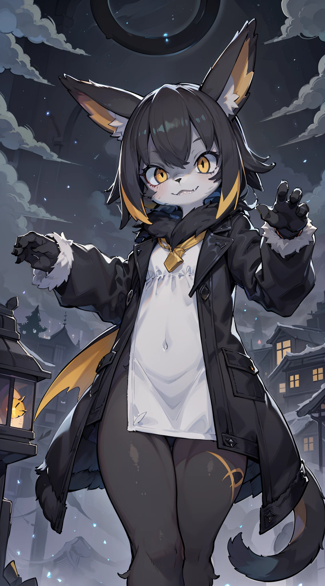 masterpiece, best quality, HD, ultra-detailed, vivid colors, Pokemon Umbreon, black Evee, Umbreon pokemon, Psychic pokemon, (furry:1.35), humanoid, humanization, anthropomorphic, on 2 legs, beautiful detailed yellow eyes, big yellow eyes, dark scary environment, scary color palette, black fur with yellow, (black with yellow stripes) fluffy tail and ears, ((ears with yellow stripes)), detailed(black with yellow stripes) hair color, beautiful short (black with yellow stripes) hair, ((black color cloth, cloth with mantle, fur coat:1.25)), yellow sparks floating around, scary pose, trying to scare, dark clouds in the sky