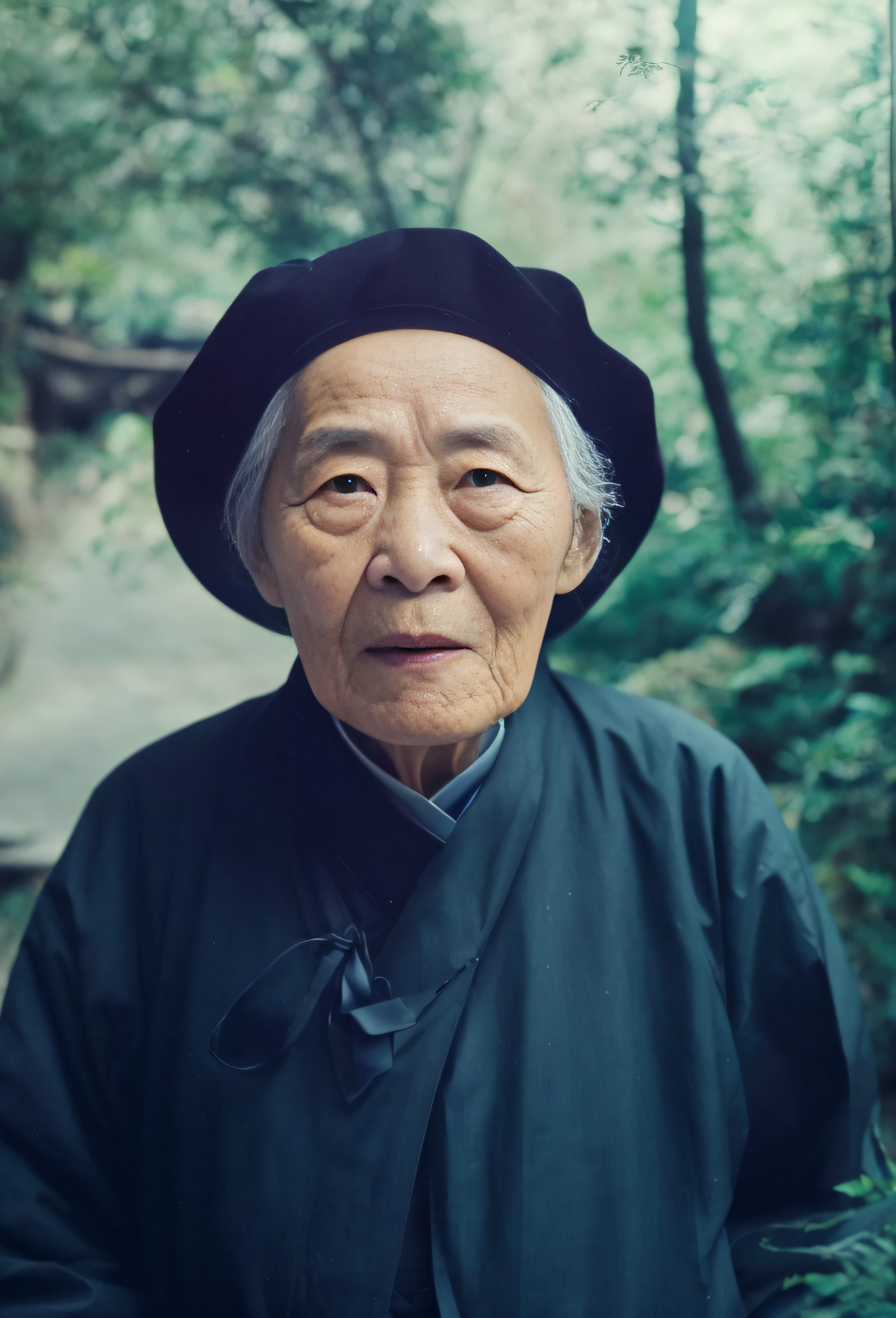 Portrait of a 70-year-old Chinese woman,Face emaciation,Good facial features,Symmetrical facial features,The ears are symmetrical and clear,Ultra-clear and realistic facial features,With a black hat on his head,Hat coordination,He is wearing traditional Chinese clothing,The texture of the clothes is clear,Ultra-clear texture,Camera shooting effect,Light and shadow are natural,Symmetrical clothes,The collar is symmetrical and coordinated,Ultra-clear realistic 8K,Very detailed eyes and face,Ultra detail, High definition, Very detailed, Best quality, Masterpiece, , Realistis, Real, 8K wallpaper,Background details for foreground objects (Masterpiece: 1.2) (Photorealistic: 1.2) (Bokeh: 1.2) (Best quality) (Color grading) (Detailed skin: 1.3) (complex) (8K) (hdr) (Movie lighting: 1.3) (Sharp focus), Glossy glossy skin, Front-facing Ultra HD, Digital SLR, Soft lighting, High quality, film gram, Fujifilm XT3 skin texture, filmgrain, Close up, 超高分辨率,