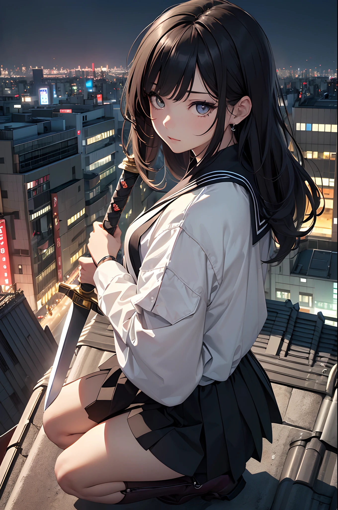 (Official art、Best Quality、Unity 8k Wallpapers、32K、masterpiece、ultra-detailliert、超A high resolution、realisitic、Photorealsitic:1.2)、(Cinematic lighting:1.2)、Fireglow effect、film grains、Best Shadows、Rim lighting、side lights、sideshot、(Ultra-detailed and complex 3D rendering)、Detailed beautiful face and eyes、Sharp pupils、Realistic pupils、A slender、1Man Woman、Medium bust、(Full body:1.2)、 Highly detailed background、beauitful face、-yeld beiful girl、(super detailed skin、detailed skin textures:1.3)、Black hair、Blunt bangs、Brown-eyed、a sailor suit、pleatedskirt、Black stockings、(thighs thighs thighs thighs:0.8)、Black boots、(Tokyo at night、On the roof of a building:1.4)、(carrying a big sword:1.3)、(Looking away、overlooking a city:1.3)、Squatting