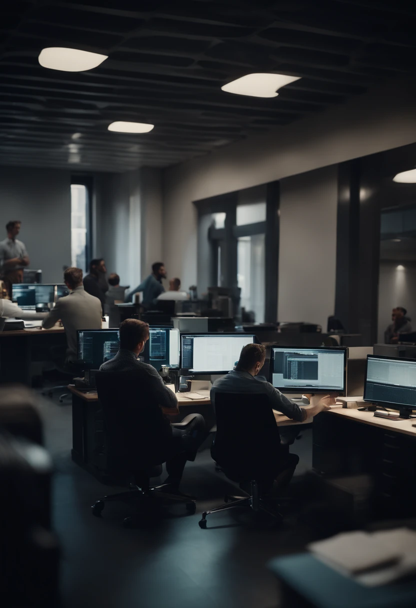 Crowded office scene,Multiple people working on a computer