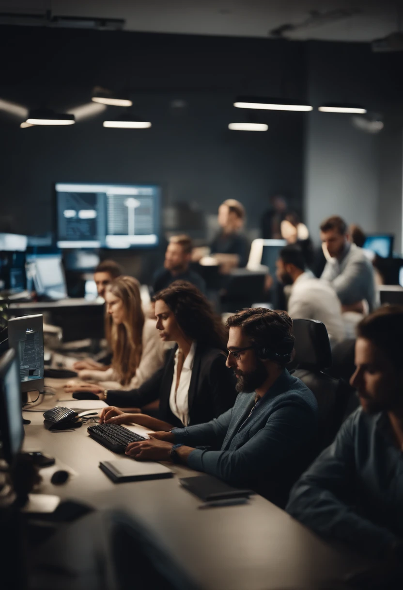 Crowded office scene，Multiple people working on a computer