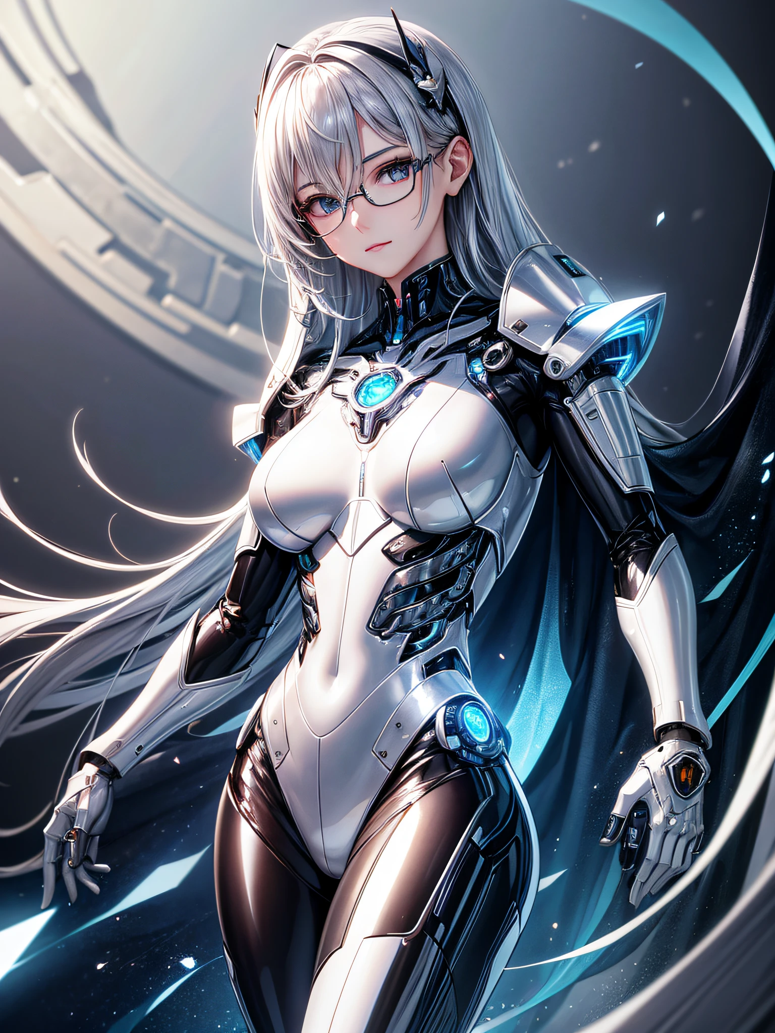 5 8K UHD、Mechanical beauty with shiny silver body wearing glasses is posing、A shiny silver cyborg with hidden skin