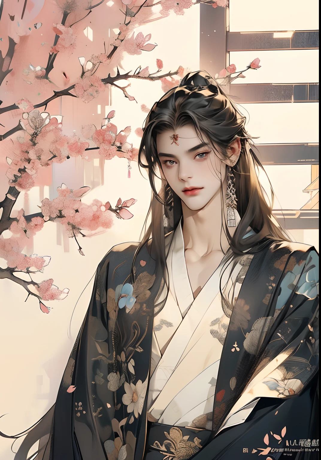 (extreamly delicate and beautiful:1.2), 8K, (tmasterpiece, best:1.0), , (LONG__HAIR_MALE:1.5), Upper body body, a long_haired male, cool and seductive, evil_gaze, wears opened hanfu, half-nudity and intricate detailing, and intricate detailing, finely eye and detailed face, Perfect eyes, Equal eyes, Fantastic lights and shadows、white room background、 Uses backlight and rim light