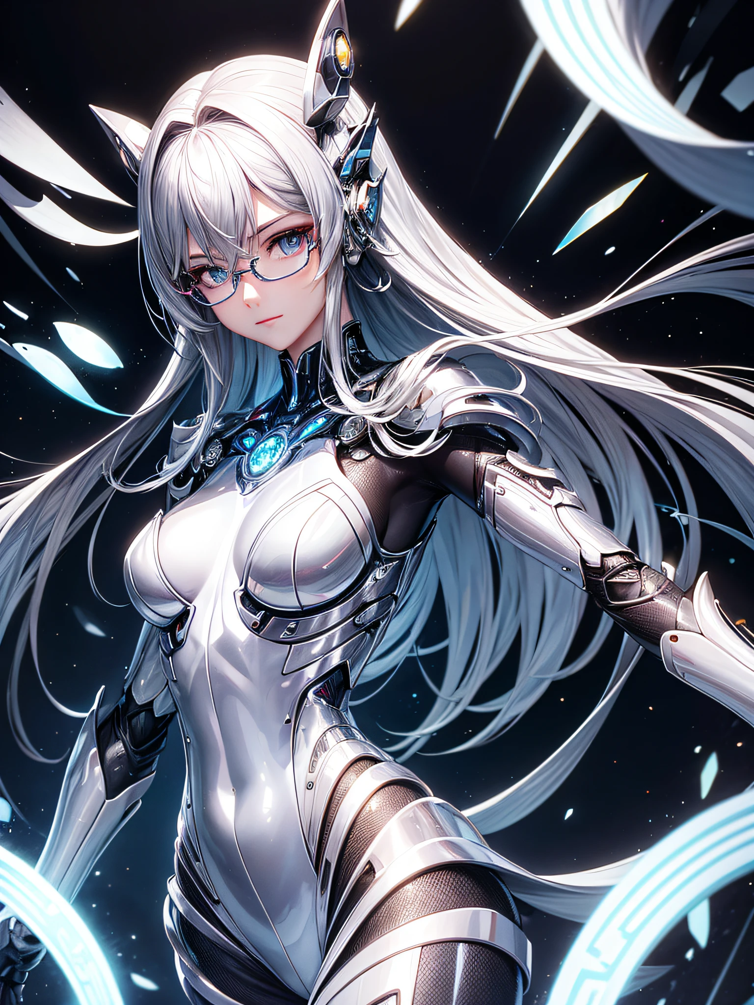 5 8K UHD、Mechanical beauty with shiny silver body wearing glasses is posing、A shiny silver cyborg with hidden skin