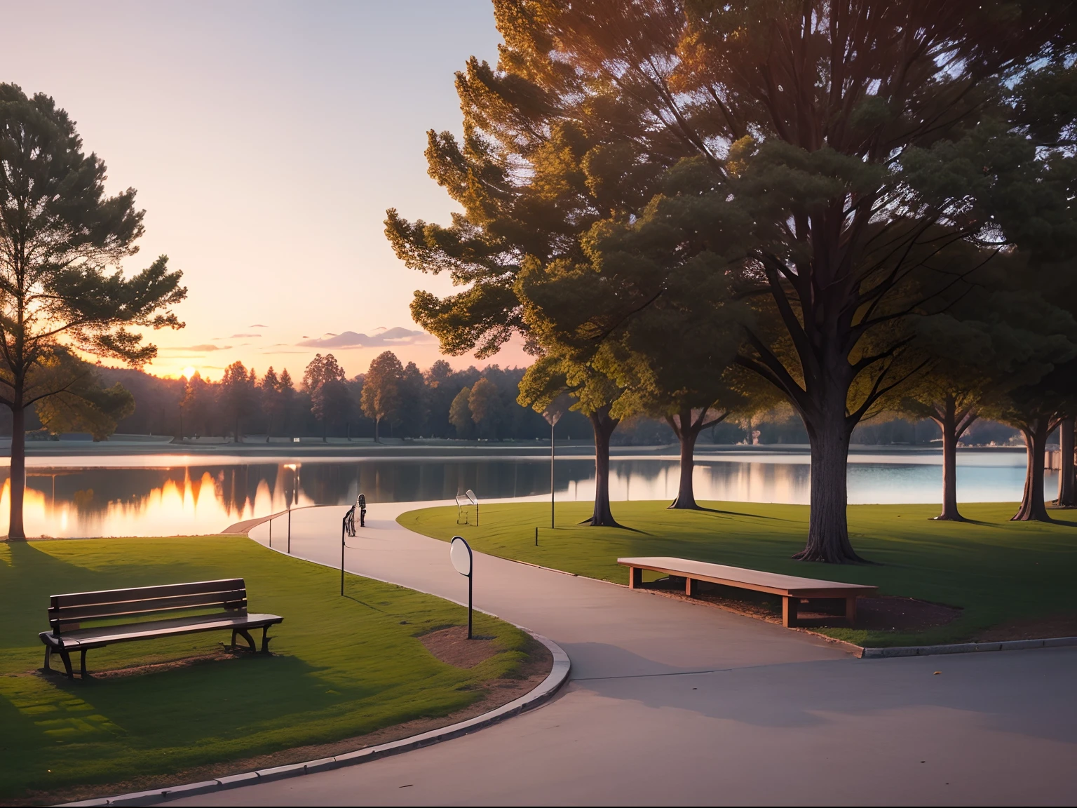 Park, many trees, exercise area, lake, benches, sunset