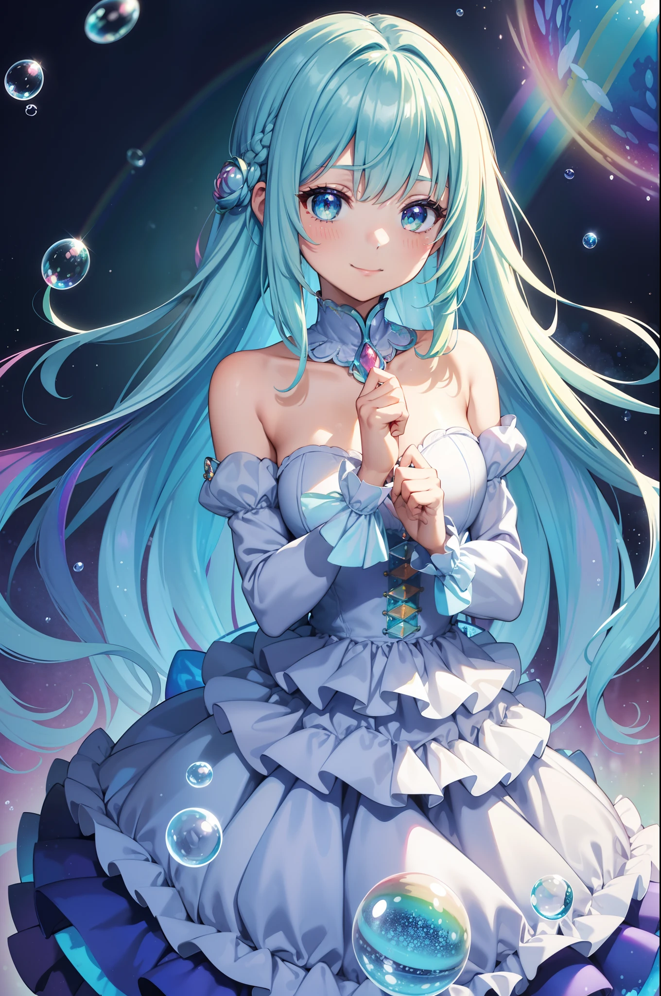 masutepiece, Best Quality, Intricate details,Beautiful Girl, Light blue long hair, Twin-tailed, A charming smile, Sparkling eyes, Otherworldly liquid fantasia background, watercolor paiting, bright vivid colors, capricious, Colorful, Layered Tiered Puffy Long Sleeve Ball Gown, ((iridescent rainbow bubbles))