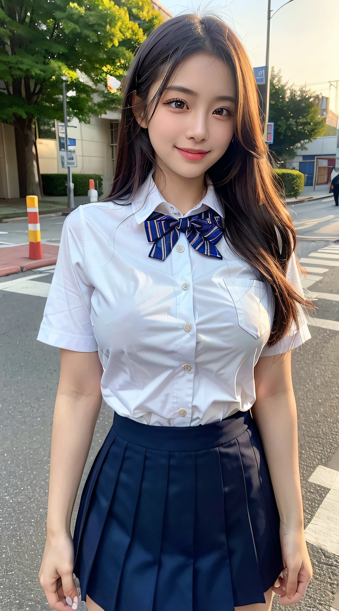 1girl, Amazing face and eyes, smile happily, (extremely detailed beautiful face), (school uniform with wide open breasts:1.5), (naked_shirt:1.4), (Best Quality:1.4), (Ultra-detailed), (Ultra realistic, photo-realistic:1.37), beautiful fair skin, extremely detailed CG unified 8k wallpaper, raw photos, professional photograpy, cinematic lighting, Outdoors, commuting to school, crosswalk, traffic lights, A refreshing morning, sunlight,