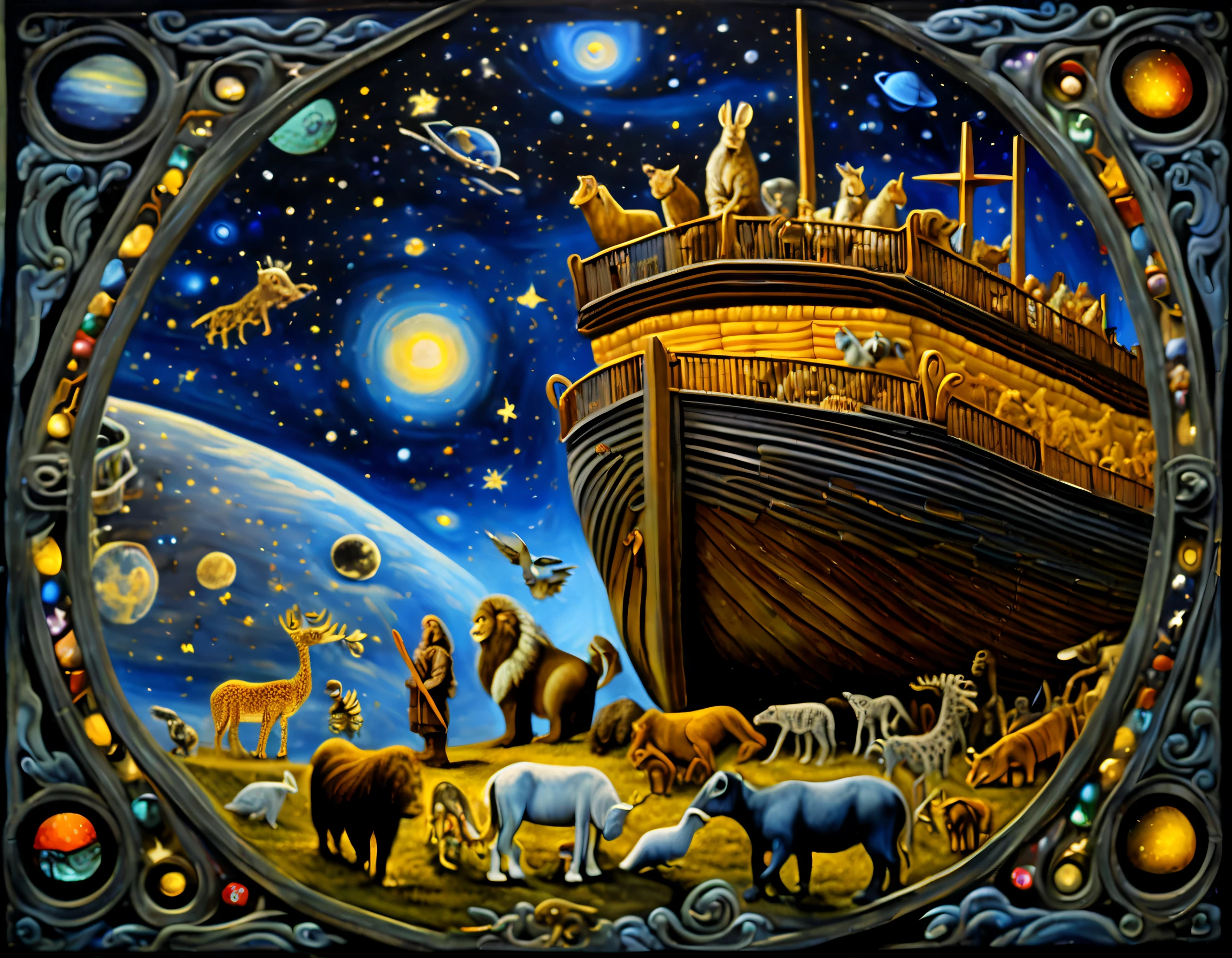 stone age, stunning oil painting of beautifully portrays, (((fused Old Testament Noah's Ark and space engineering and steel punk and glass window with many animals boarding:1.3))), space navigation, (intricate details drawing:1.3), (capturing both beauty and dark in stars and starlight and fixed stars:1.3), wrath of the gods through the galaxy, ultimate rendering of a biblical masterpiece, every pixel shining in its full glory, in the highest resolution and with no blurriness in sight. (highly quality:1.3),