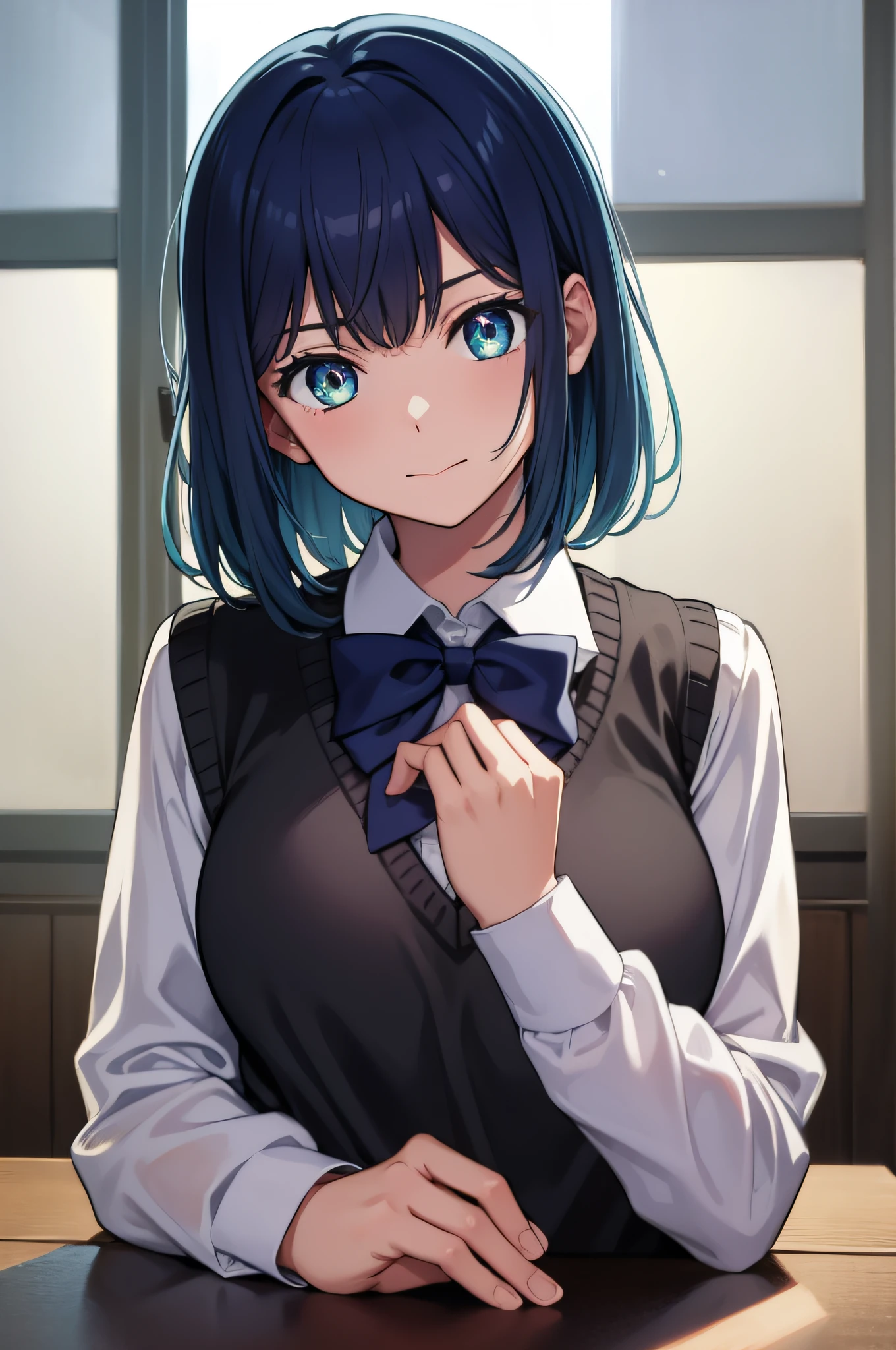 akanekurokawa, akane kurokawa, aqua eyes, blue hair, medium hair, sidelocks,
BREAK black sweater vest, blue bow, blue bowtie, bow, bowtie, collared shirt, long sleeves, puffy sleeves, school uniform, shirt, sweater vest, white shirt,
BREAK looking at viewer,
BREAK indoors, classroom,
BREAK (masterpiece:1.2), best quality, high resolution, unity 8k wallpaper, (illustration:0.8), (beautiful detailed eyes:1.6), extremely detailed face, perfect lighting, extremely detailed CG, (perfect hands, perfect anatomy),