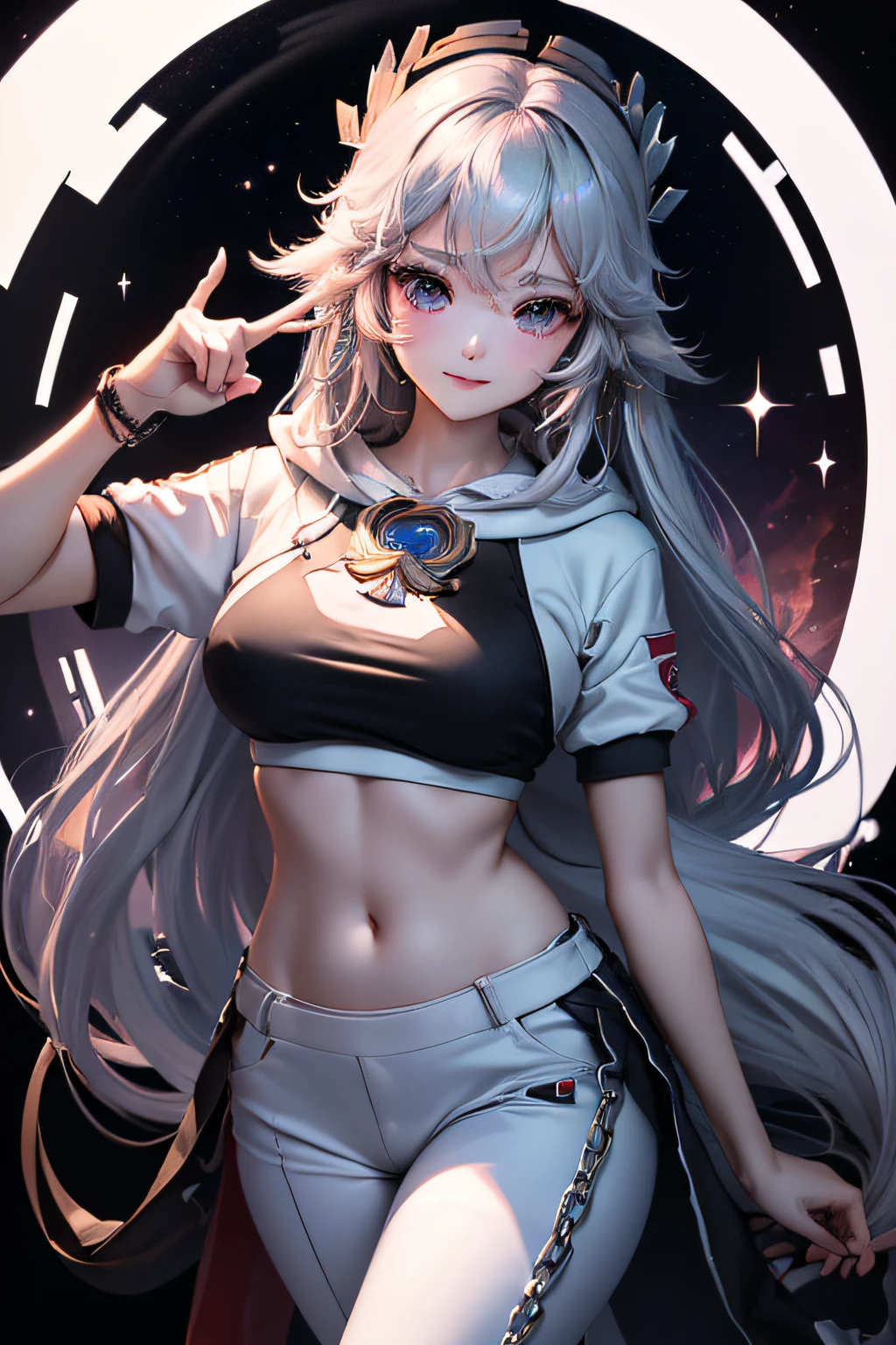 top-quality、Top image quality、masterpiece、girl with((18year old、Black navel exposes short sleeve hoodie、Sportsbra、White pants、Best Bust、Bust 90、silber hair、disheveled long hair、grey eyes、open chest wide、Happiness、Chain Accessories、Put on headphones、Cosmic Accessories、weightless、Pointing up)hiquality、visualart、Background with(spaces、stele々、kosmos))、masutepiece、Best graphics、Super delicate