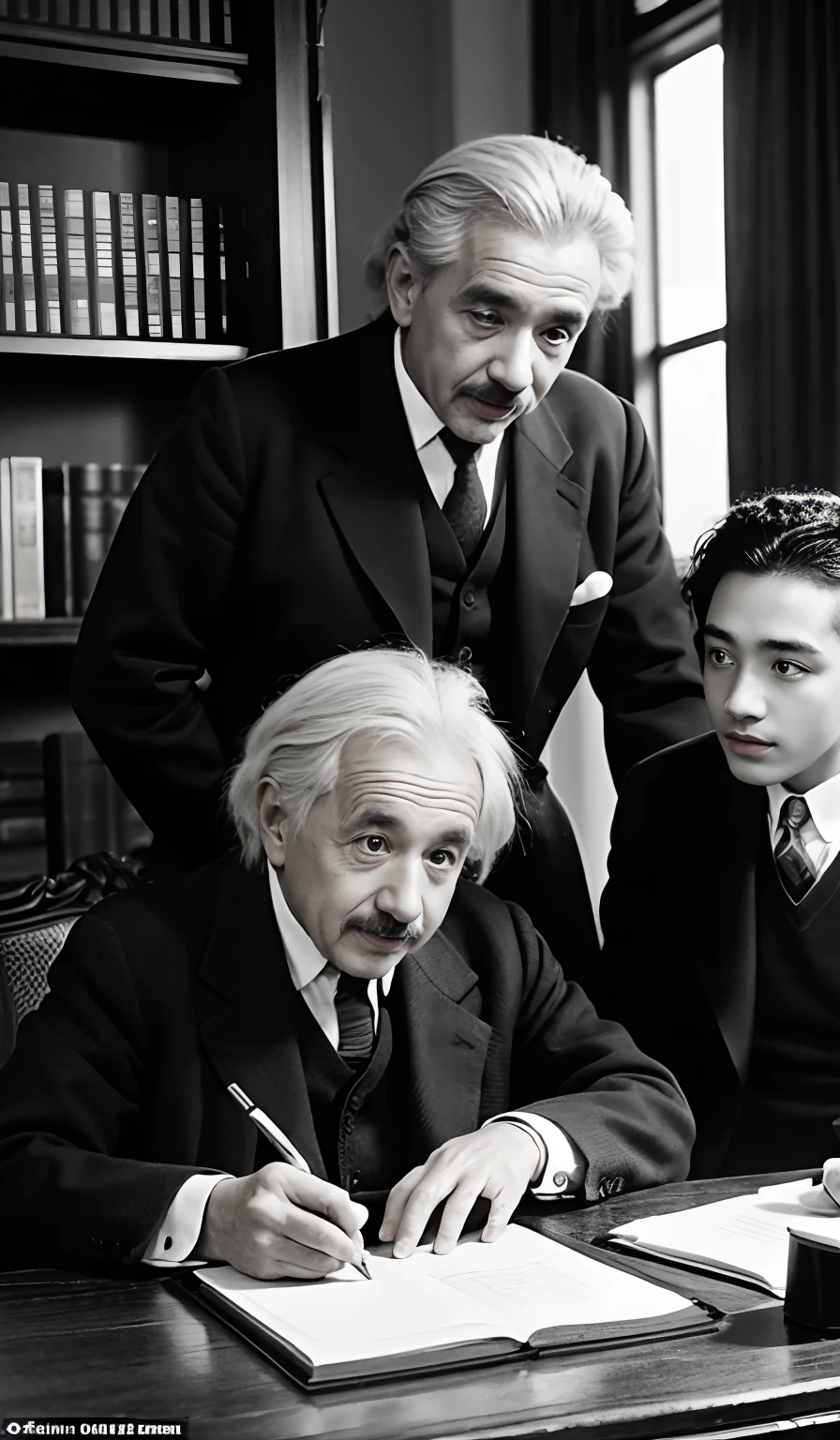 Task: Albert Einstein was writing at the table with a young man watching what he was doing
Topic: Writing albert Einstein
Style: Casual
Tone: Assertive
Audience: 70-year old
Word Count: 200 words
Format: Text