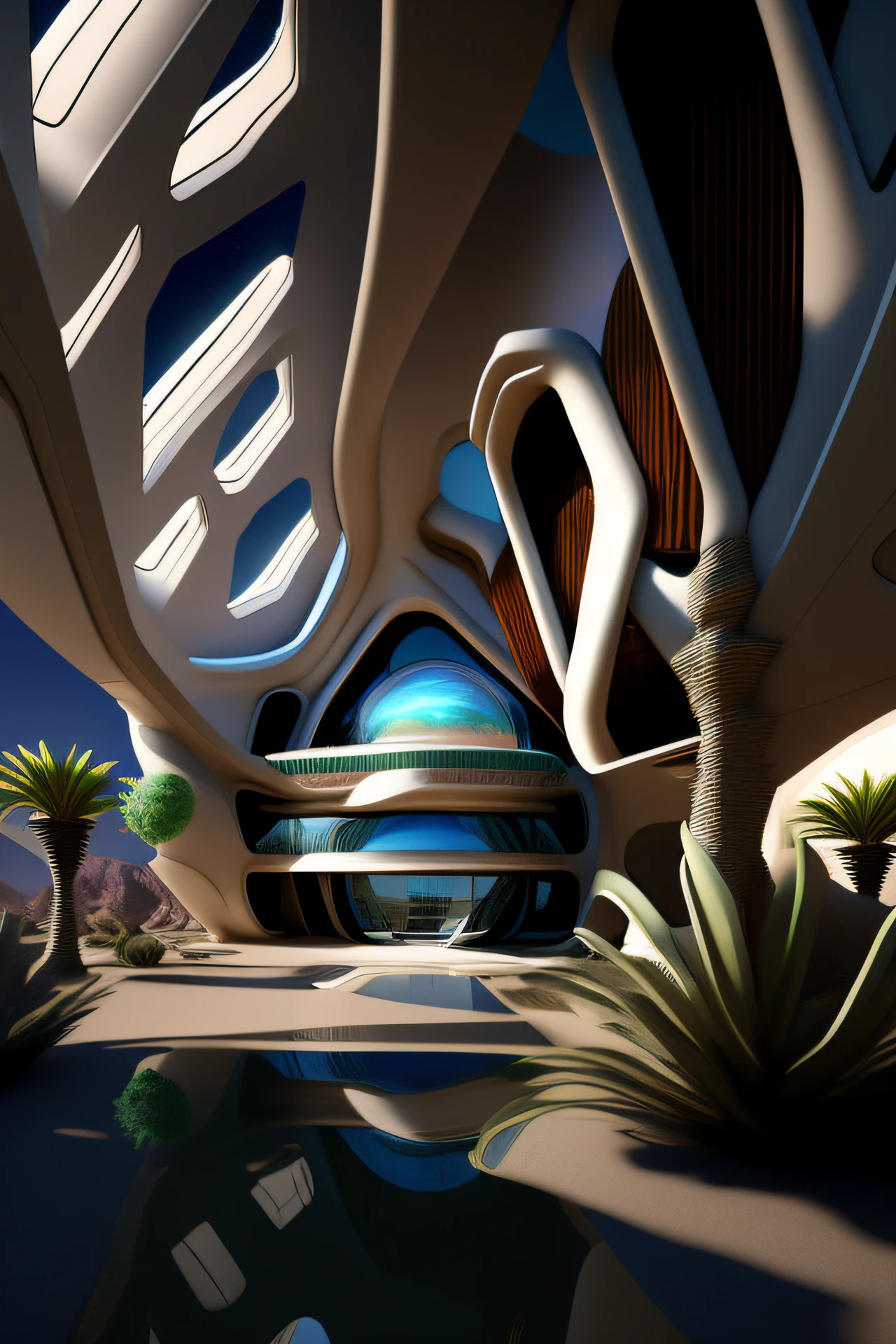 Alfed can be seen from the large room with many windows, in style of zaha hadid architect, zaha hadid style architecture, in style of zaha hadid, in a futuristic desert palace, Zaha Hadid architecture, portal. zaha hadid, inspired by Zaha Hadid, Alien architecture, author:zaha hadid, author:Chass is silent, architecture zaha hadid
