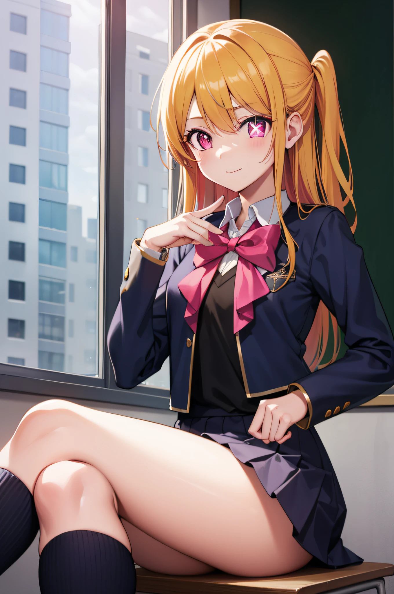 1gril, ruby hoshino, (yellow hair:1.5), long hair, (pink eyes:1.5), sidelocks, (Star pupil in left eye:1.5), (Pink right eye:1.5)
BREAK black vest, blue jacket, bow, bowtie, collared shirt, cropped jacket, jacket, kneehighs, long sleeves, pink bow, pink bowtie, pleated skirt, school uniform, shirt, skirt, socks, vest, white shirt, white socks, youtou high school uniform, Sitting, (Sitting at a desk:1.2), (Put your left hand on your chest:1.2),
BREAK looking at viewer,
BREAK indoors, classroom, morning sun, white light,
BREAK (masterpiece:1.2), best quality, high resolution, unity 8k wallpaper, (illustration:0.8), (beautiful detailed eyes:1.6), extremely detailed face, perfect lighting, extremely detailed CG, (perfect hands, perfect anatomy),
