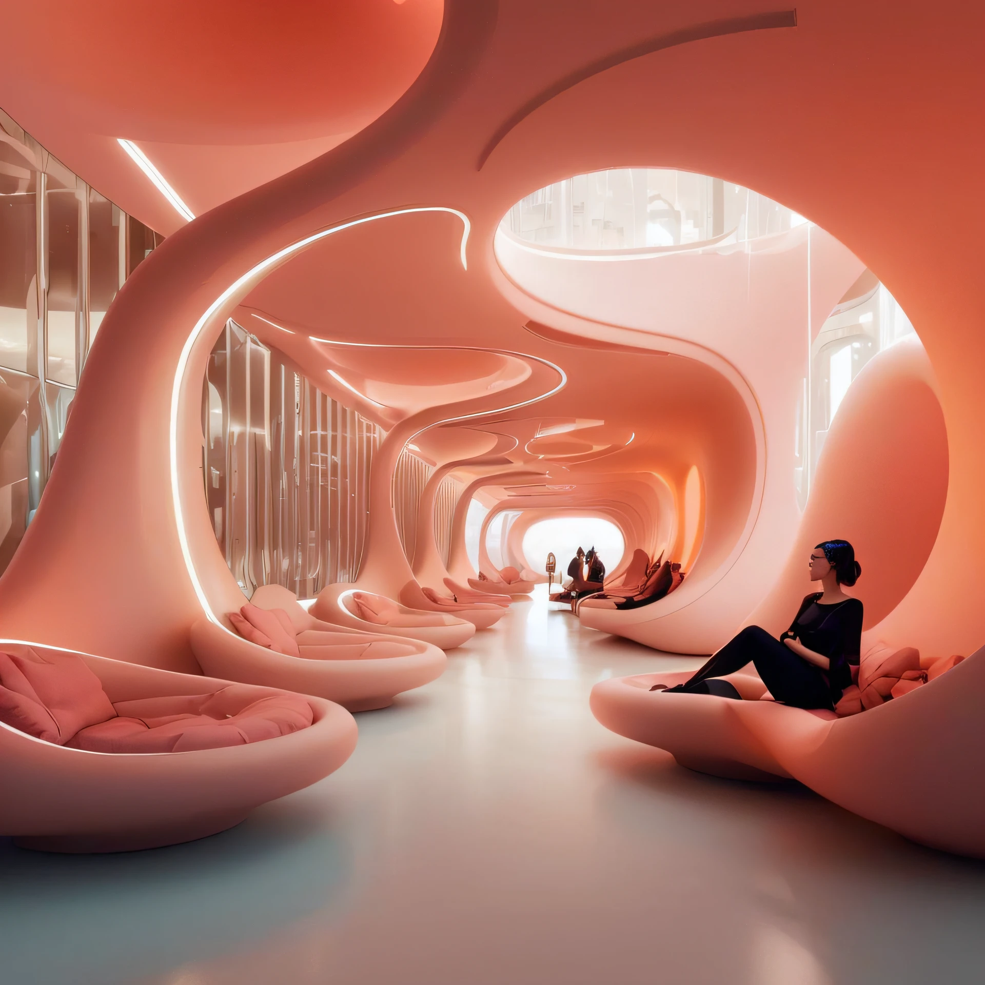 Someone in the pink room is sitting on a bean bag, author:Chass is silent, futuristic interior, futuristic looking living room, futuristic decor, futuristic architectural art, inspired by Zha Shibiao, Futuristic room, futuristic architecture concept, in a futuristic desert palace, 3 d render beeple, futuristic decor, futuristic but colorful shading, digital art render