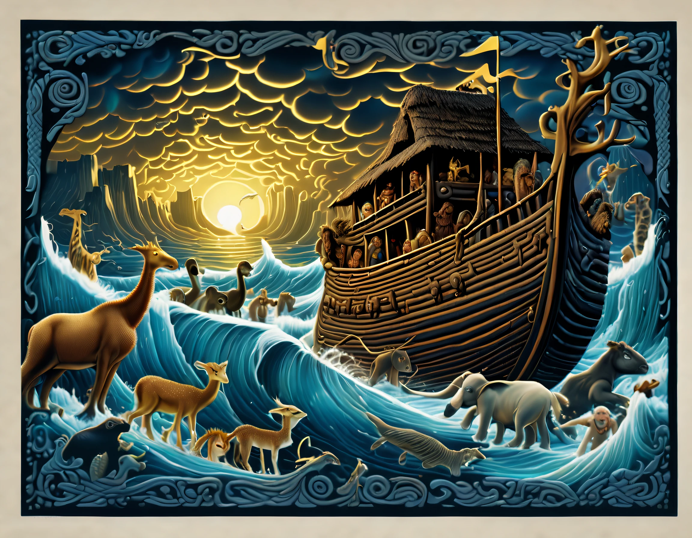 stone age, stunning digital color of beautifully portrays, rich colors, dark cyan navy and white black, (((fused Old Testament Noah's Ark and bungalow and myth punk and with many animals boarding:1.3))), (abyss sea background intricate of dark:1.2), (intricate details drawing:1.3), (capturing light and dark  and shadow :1.3), storm, ultimate rendering of a biblical masterpiece, every pixel shining in its full glory, in the highest resolution and with no blurriness in sight. (highly quality:1.3), ((tachism:1.3)), enchanting quality,