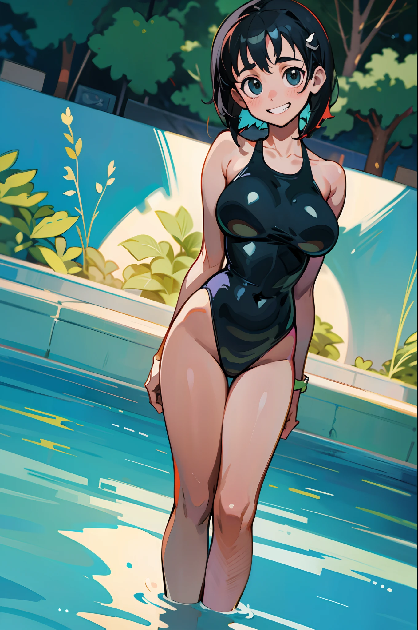 masterpiece, best quality, ultra-detailed, illustration, colorful, flat color, depth of field, 1girl, zodiac_suguha, kirigaya_suguha, black eyes, black hair, hair between eyes, medium hair, straight bob, competitive swimsuit, full swimsuit, school swimsuit, at pool, wet, anime, (closeup), simple background, short height, detailed skin texture, beautiful detailed face, whtie teeth, seductive grin, looking at viewer, alluring attire, collarbone, (huge breasts, curvy, muscular female)