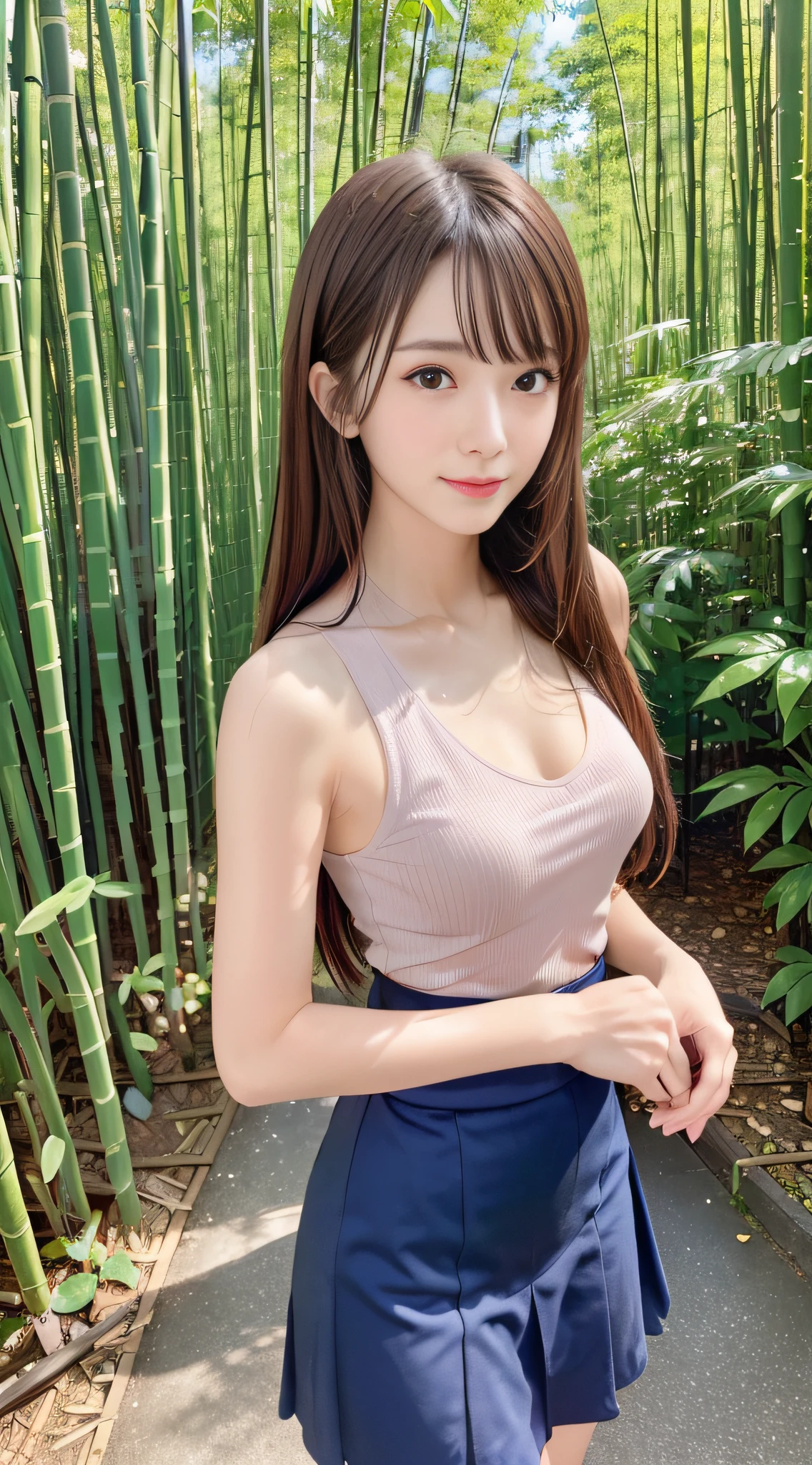 (Best Quality, masutepiece, Ultra HD: 1.3), 1womanl, （middlebreasts）, light brown hair, Blunt bangs, hair behind ear, hair over shoulder, （Long hair）,wetting hair,（ slender body shape）, （Ultra Fine Face）, Delicate lips,（beautidful eyes）, thin blush, The eyes are brown eyes, （Wet and shiny skin, flawless skin :1.3）,鎖骨, hide one's hands,（ Black tops, Black tight skirt, （Wet:1.5)),(a japanese girl,hposing Gravure Idol),(Posture with armpits wide open：1.3),Smile,,bustshot,（bamboo forrest:1.5）