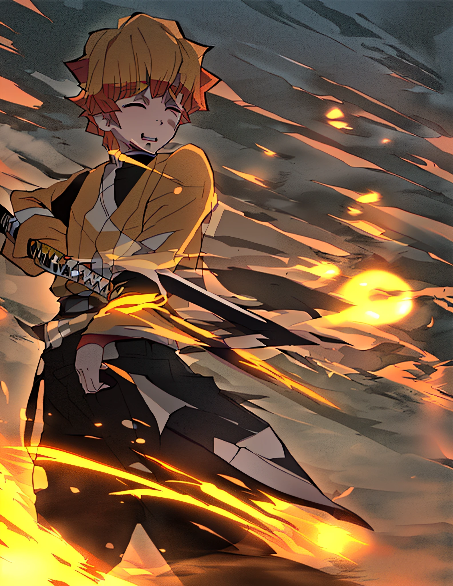 Zenitsu Agatsuma, a character from the world of Demon Slayer wearing a yellow jacket and black pants holding a katana, leaning a little, blazing infero, orange hair, anime boy, close eyes