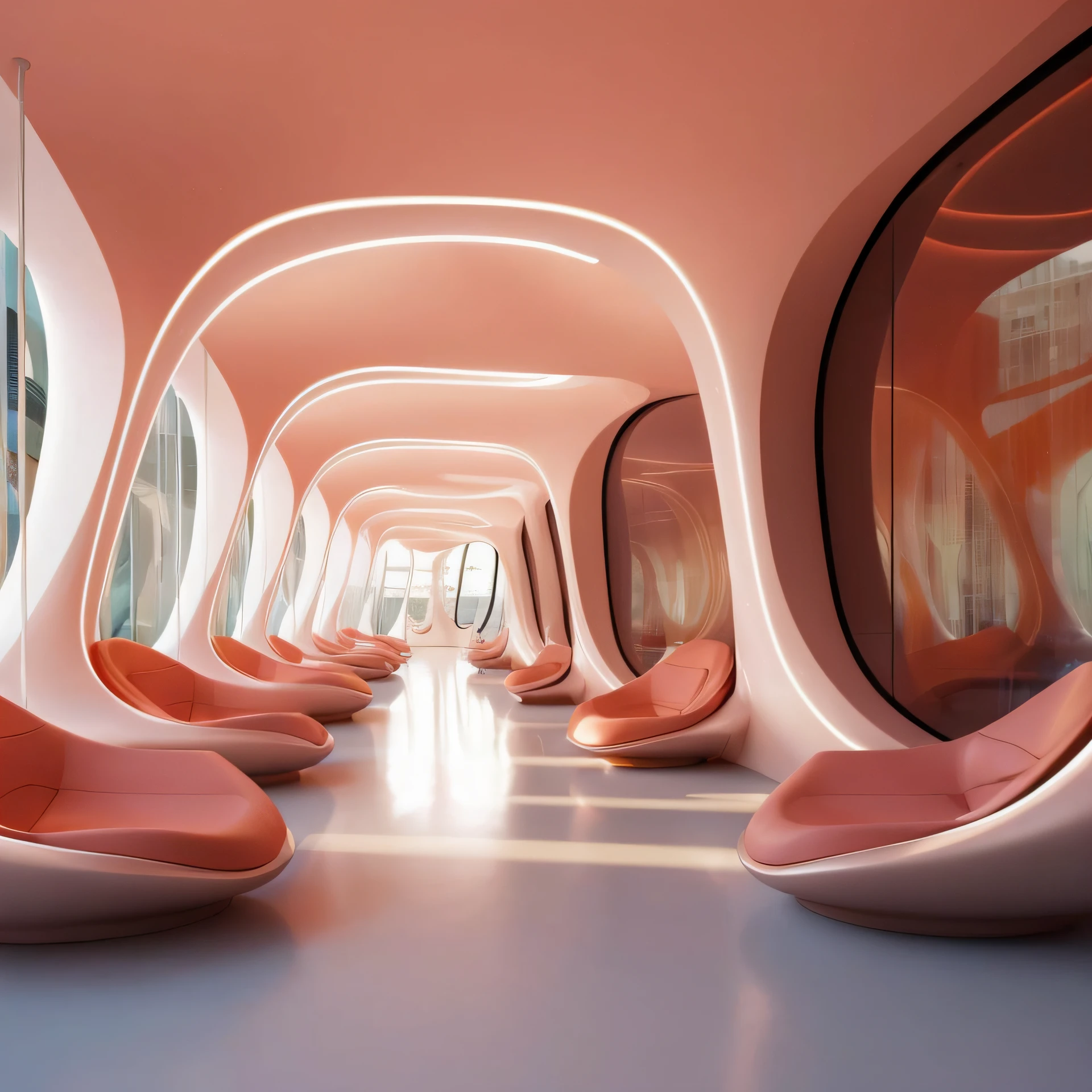 There are many chairs lined up the long corridor, futuristic interior, author:Chass is silent, in style of zaha hadid architect, in style of zaha hadid, Futuristic room, karim rashid, futuristic decor, in a futuristic desert palace, humans sleeping in healing pods, futuristic looking living room, futuristic hall, futuristic decor, portal. zaha hadid