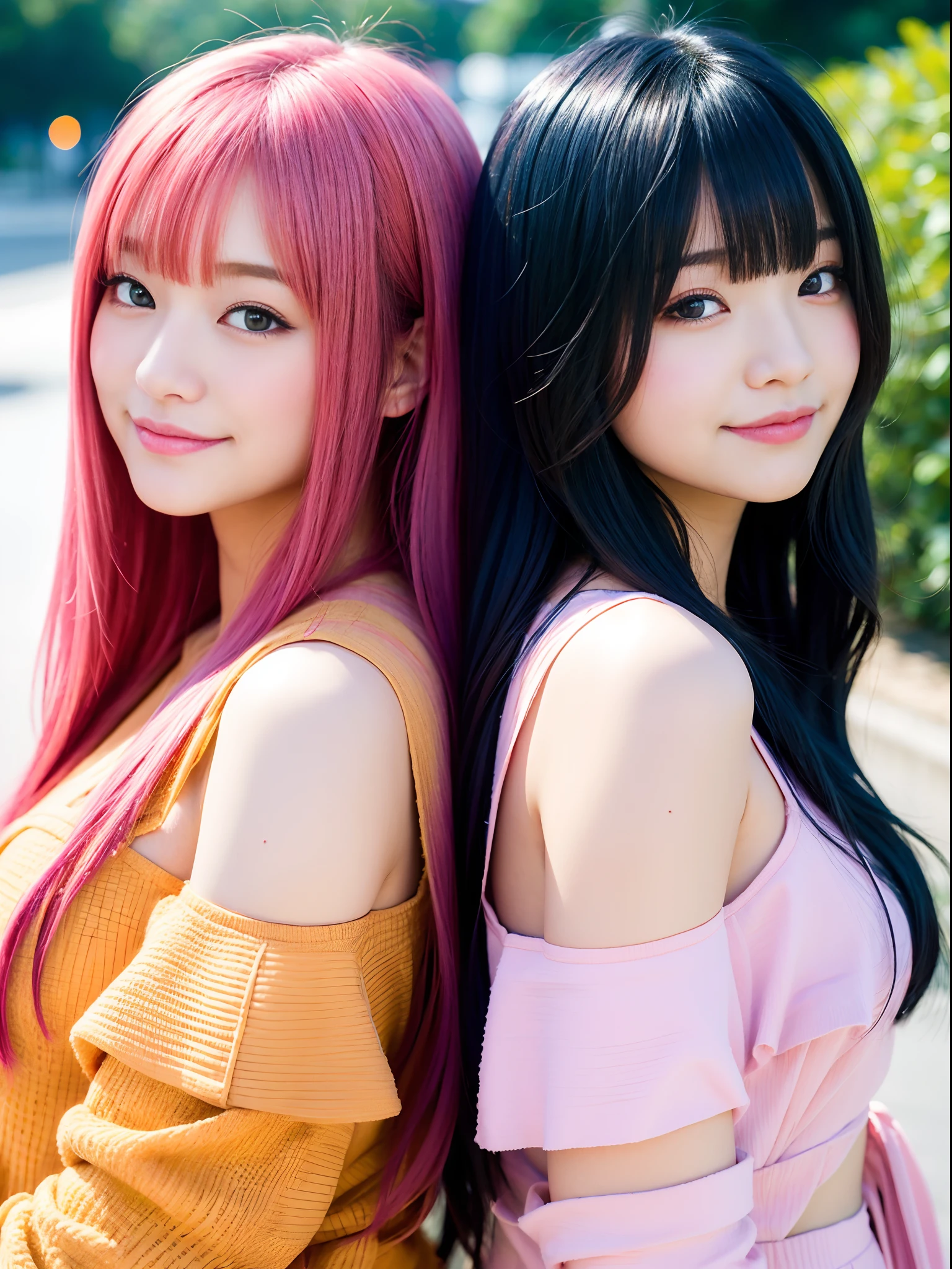 twinsies、kawaii、japanes、Big、pubick hair, Colored inner hair, makeup, Shy, blush, Smirk, depth of fields,  hight resolution, Textured skin