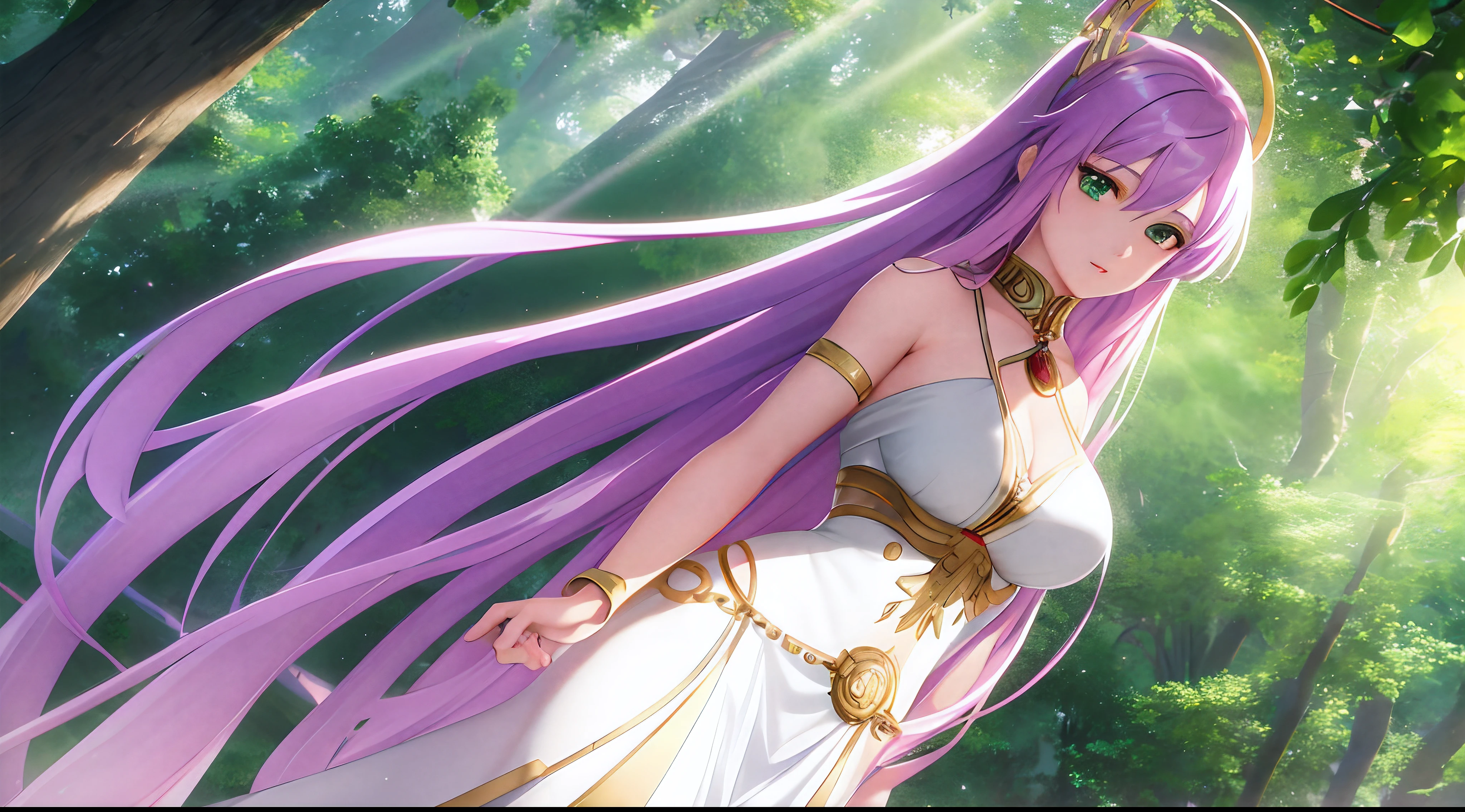 Athena with plain long light purple hair,hair between eyes,green eyes,rosy cheeks,full lips,thin eyebrows,slender body,saint cloth with beads on neck,cute anime girl,full body,jungle with river,anime style,Lumen Reflections,Screen Space Reflections,Diffraction Grading,Chromatic Aberration,GB Displacement,Scan Lines,Ray Traced,Anti-Aliasing,FXAA,TXAA,RTX,SSAO,Shaders,OpenGL-Shaders, GLSL-Shaders,Post Processing,Post-Production,cell Shading,Tone Mapping,CGI,VFX,SFX,insanely detailed and intricate, 4K,standing, solo, masterpiece, best quality, detailed face, detailed eyes, highres, standing, solo, large_breasts, masterpiece, best quality