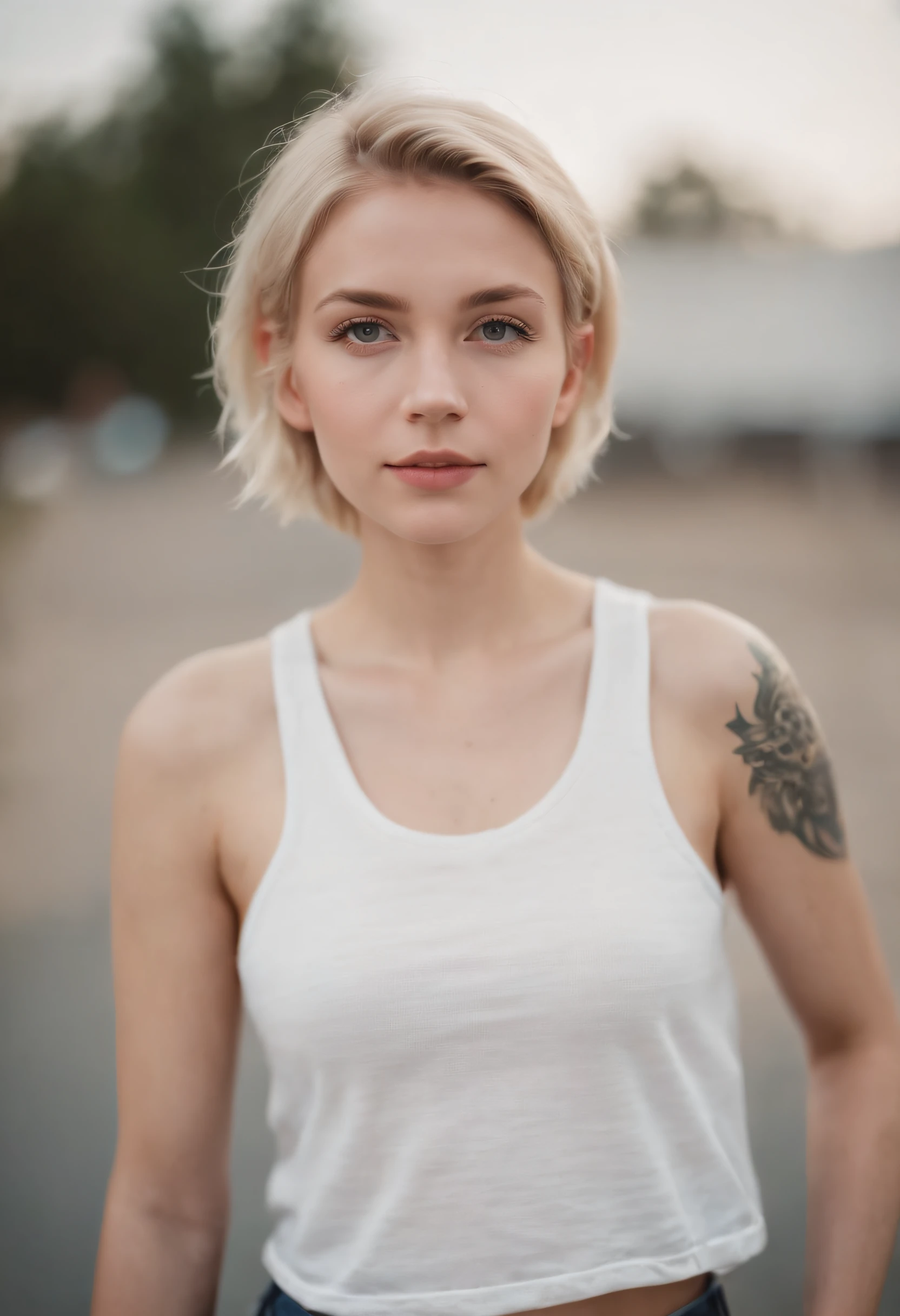 a young woman with Short blonde hair standing outside, in the style of cool,White tank top with arm tattoo, baggy denim pants, zeiss planar t* 80mm f/2.8, kodak portra, uhd image, sovietwave, distinct facial features,