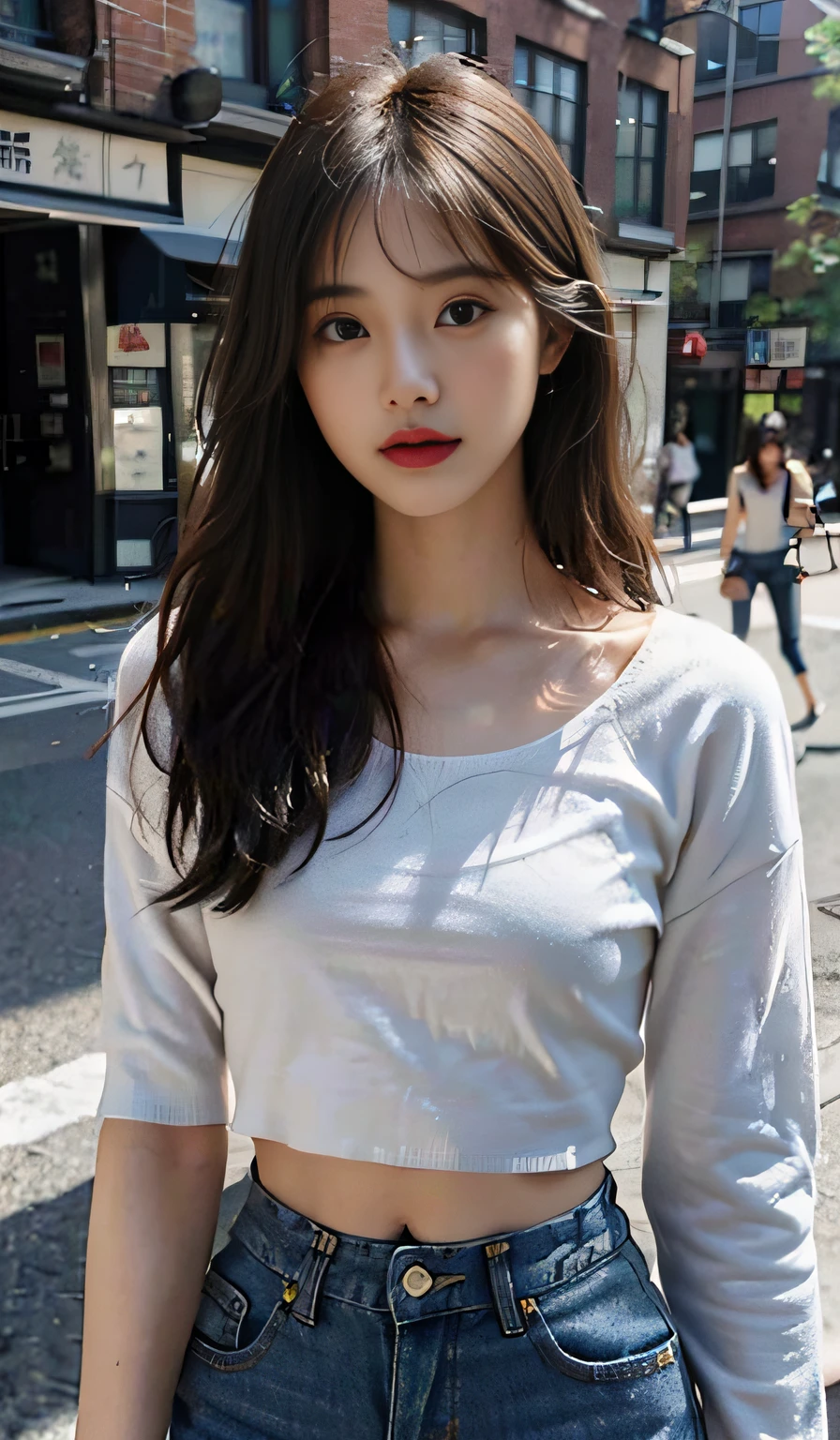(masuter piece:1.3)、(8K、Photorealsitic、Raw photography、top-quality: 1.4)、(1girl in)、beautiful countenance、(Lifelike face)、(A dark-haired、Long)、Beautiful hairstyle、realisticeyes、Beautiful details、(real looking skin)、Beautiful skins、absurderes、enticing、超A high resolution、A hyper-realistic、high-detail、the golden ratio、((wide open abdomen))、((open abdomen))、((wide open navel))、((open navel))、((Mid-Riff Sweater))、((Ultra-low rise、Denim shorts))、((Navel Ejection))、((small hips))、((Full body depiction))、((small hip))、(boots)、((Ultra-low rise))、((Denim shorts))、((is standing))、